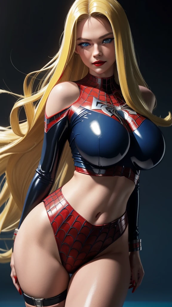 ((masterpiece, best quality, ultra-detailed, ultra-HD, photorealistic, cinematic)), (masterpiece:1.0), (best_quality:1.2), ((Full body photo)). Emily is a woman, is standing, (Spider-Man/Ultraman hybrid costume with blue jewelry on the breastplate/extremely tight on the body/extremely exhibitionist:1.2)), wearing (red lipstick on the mouth:1.0), full body view, facing the viewer, hand on hips, legs parted, confident stance, proud stance, smiling, (naive face), posing, (Defined full lips), blood red lipstick on the lips. She has (long blonde hair, slick:1.5) and (blue eyes:1.5), Mortal Kombat, anime, framed, symmetry, 16k, best quality, super detail, textured skin, UHD, (chubby:1.2), (huge breasts:1.4), (wide hips:1.3)