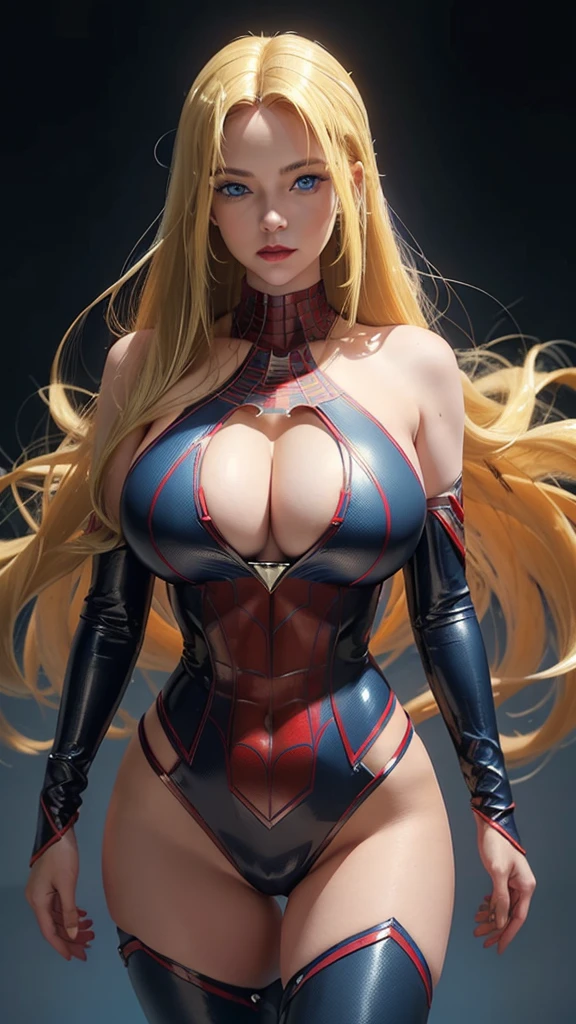 ((masterpiece, best quality, ultra-detailed, ultra-HD, photorealistic, cinematic)), (masterpiece:1.0), (best_quality:1.2), ((Full body photo)). Emily/woman is standing, (Spider-Man/Ultraman hybrid costume with blue jewelry on the breastplate/extremely tight on the body/extremely exhibitionist:1.2)), wearing (red lipstick on the mouth:1.0), full body view, facing the viewer, hand on , legs parted, confident stance, proud stance, smiling, (naive face), posing, (Defined full lips), blood red lipstick on the lips. She has (long blonde hair, slick:1.5) and (blue eyes:1.5), Mortal Kombat, anime, framed, symmetry, 16k, best quality, super detail, textured skin, UHD,  (chubby:1.2), (:1.4),  (wide :1.3)