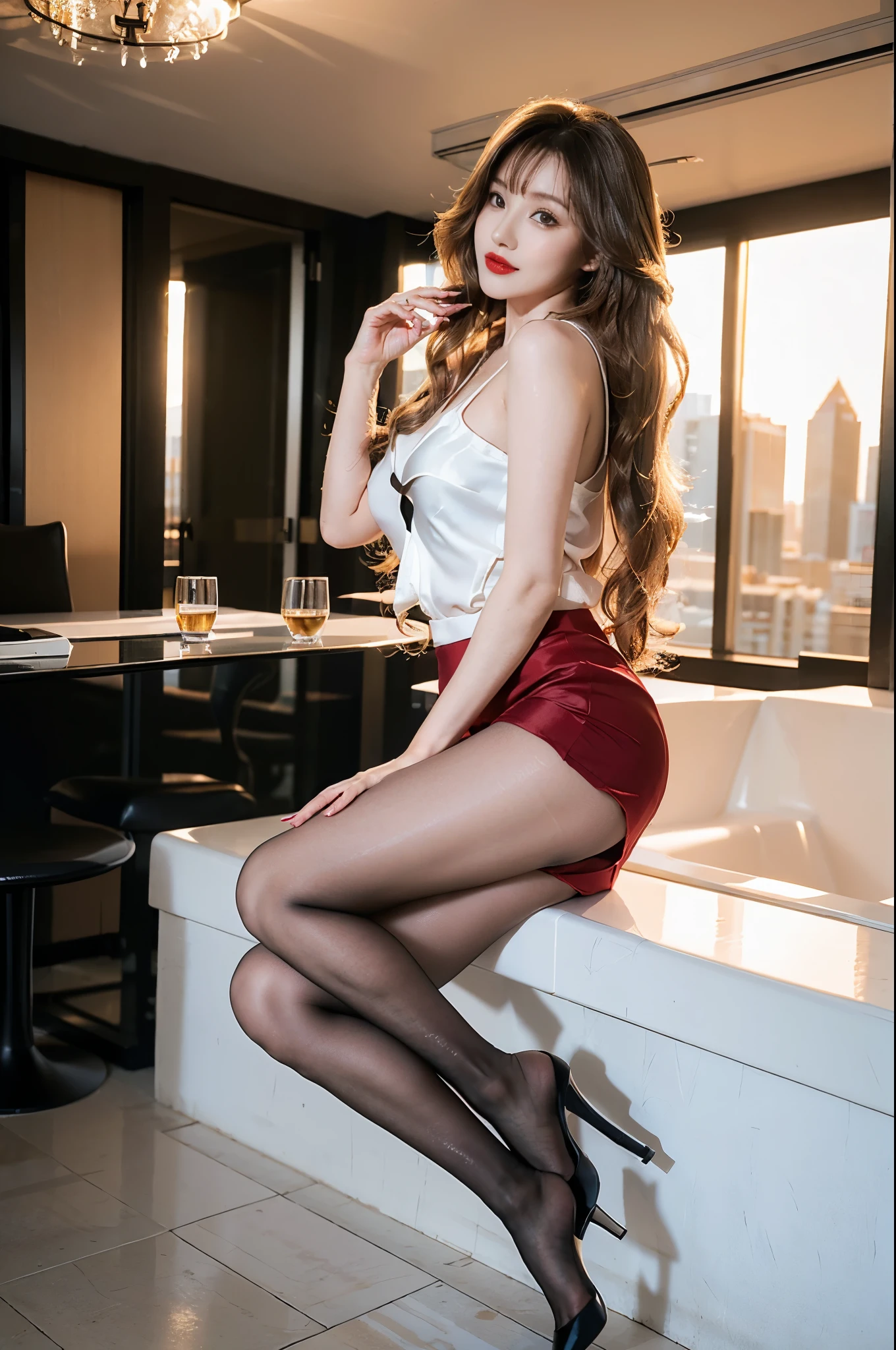 wavy hair，lite makeup，red lips, mini skirt，Clear silk pantyhose，Black stiletto heelature，through bangs，In a glass room in a skyscraper，During the day，sunny