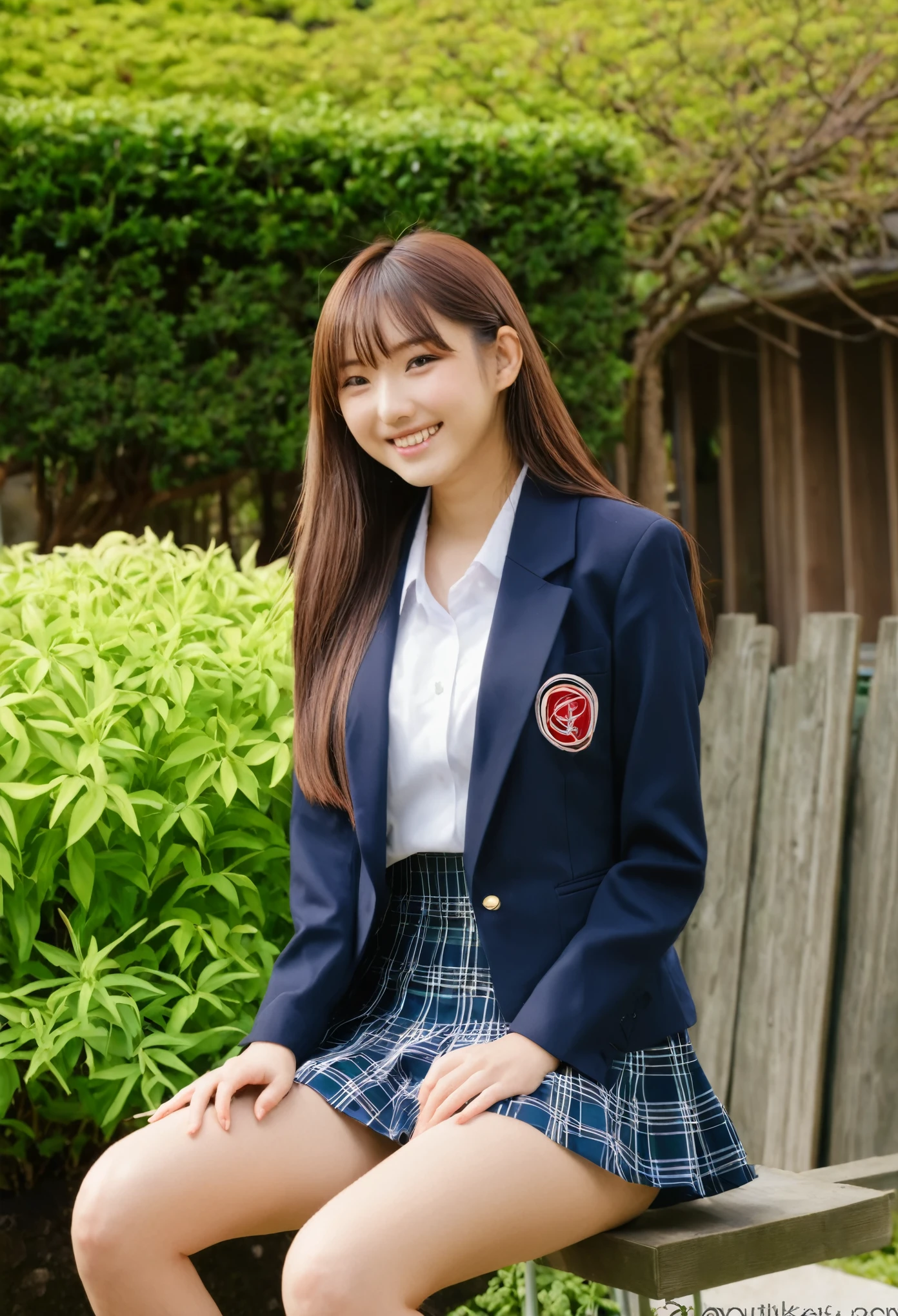 high school girl、Japanese、sit、blazer、skirt、Thighs、garden、smile、long hair