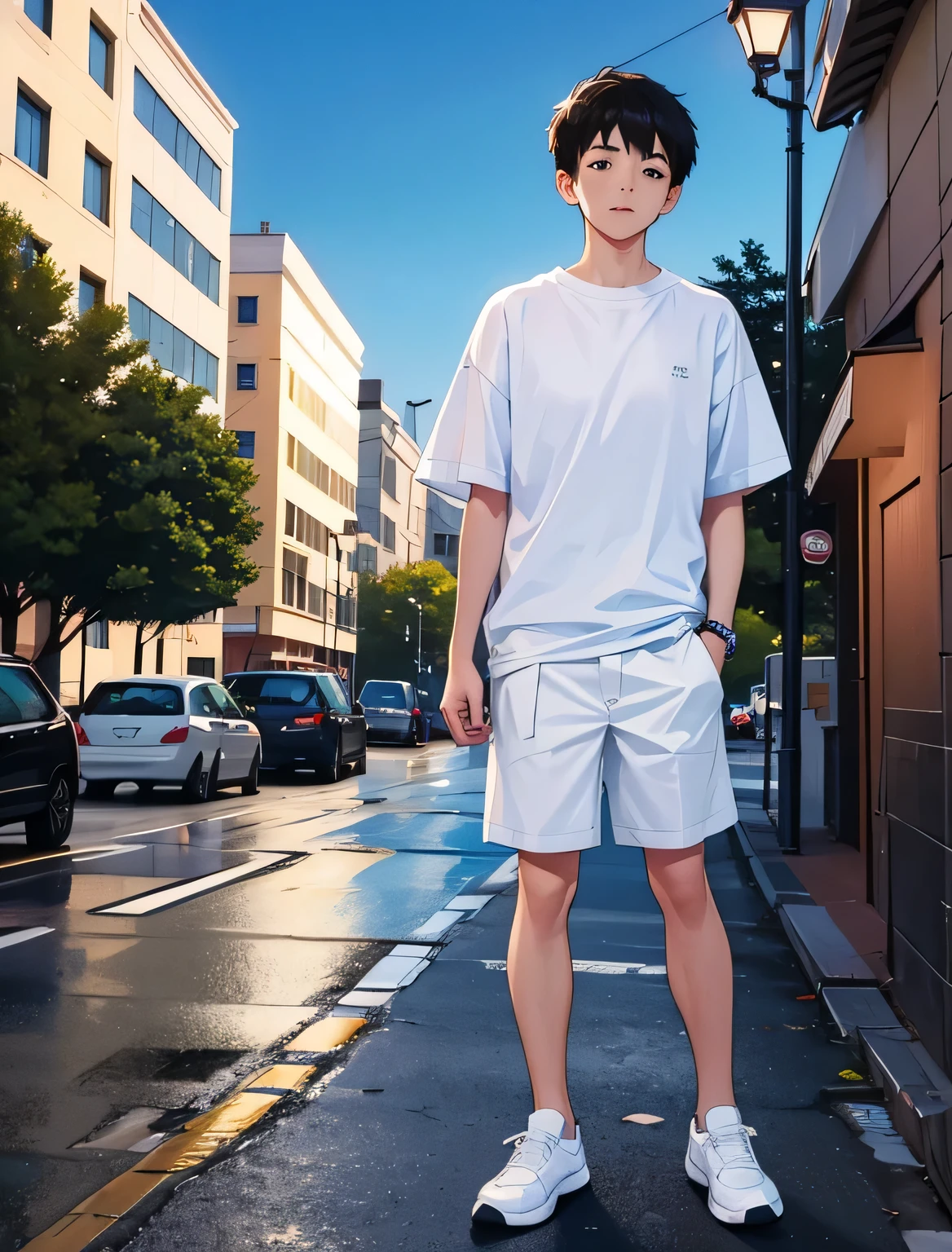 and boy,dressed casually,Wear sneakers,white t-shirts,Plain T-shirt,Under the streetlight,the night,Gaze at the stars in the sky,Close-up of people,Ultra-high definition