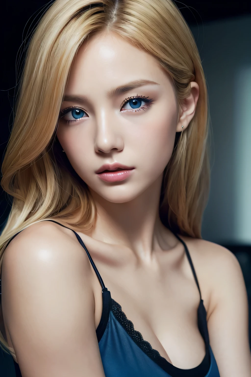 highest quality, Ultra-high resolution, (Realistic:1.4),Black camisole、Japanese、Gal、Blonde、blue eyes、cute、Upper body close-up、Dark room in the background