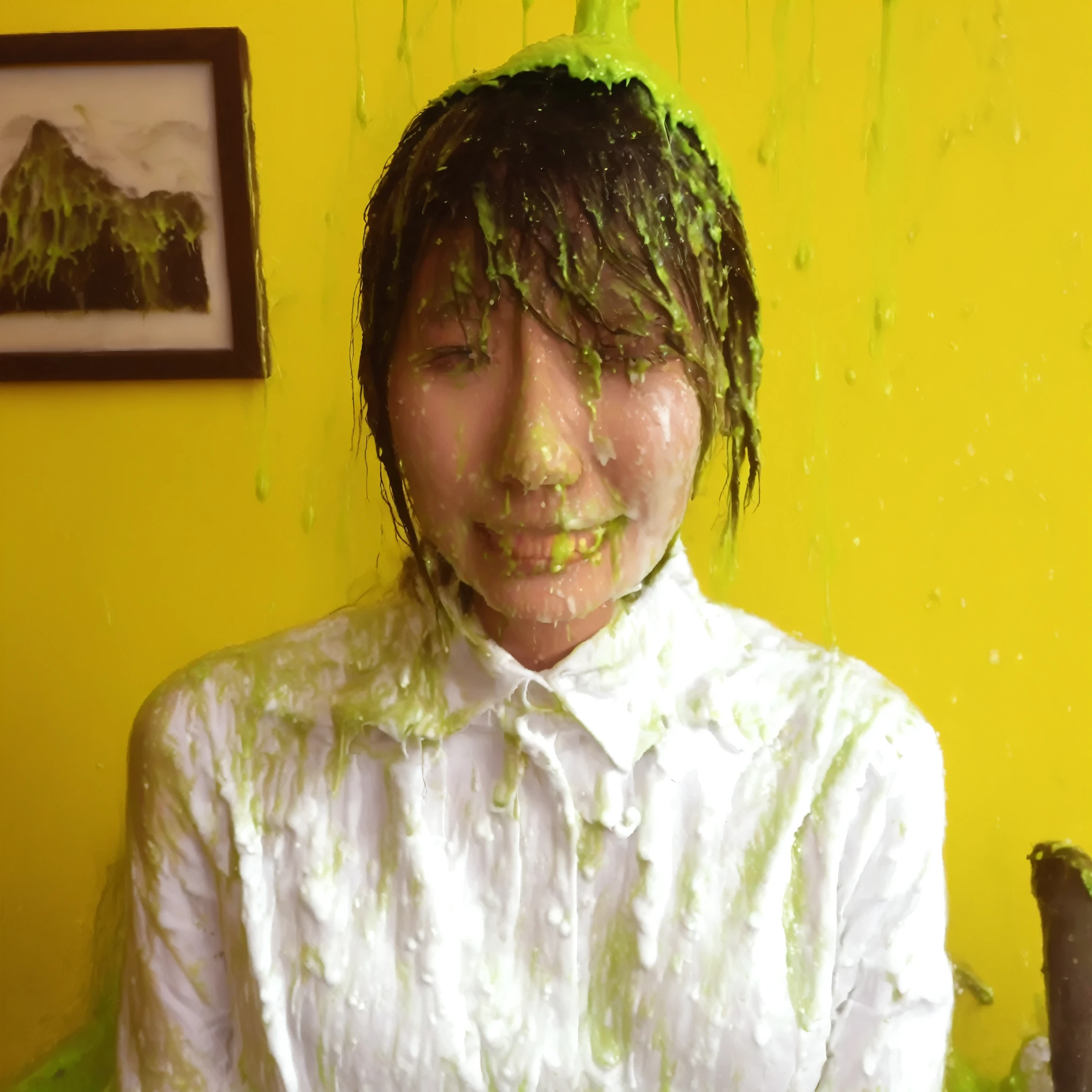 araffe girl with green slime on her face and hair, covered in slime!!, green slime dripping, green slime everywhere, green slime, oozing slime, slime, full of greenish liquid, gelatinous green goop, dripping goo, slimy, slime monster, green oozing pool pit, toxic slime, slimes, gooey skin