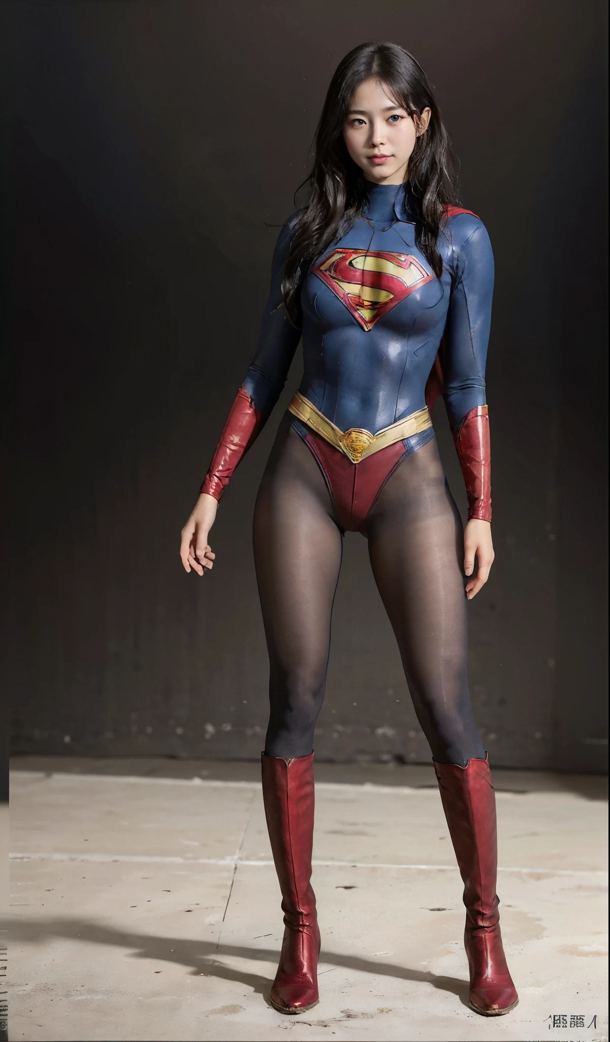 No background、(((Beautiful legs in black tights.)))、(((Legally express the beauty of your smile)))、((((Make the most of your original images)))、(((Supergirl Costume)))、(((Beautiful boyish hairstyle)))、(((suffering)))、(((Please wear black tights....、Wear red boots)))、((Best image quality、8k))、((highest quality、8k、masterpiece:1.3))、(((Preserve background )))、Sharp focus:1.2、Beautiful woman with perfect figure:1.4、Slim Abs:1.2、Wet body:1.5、Highly detailed face and skin texture、8k