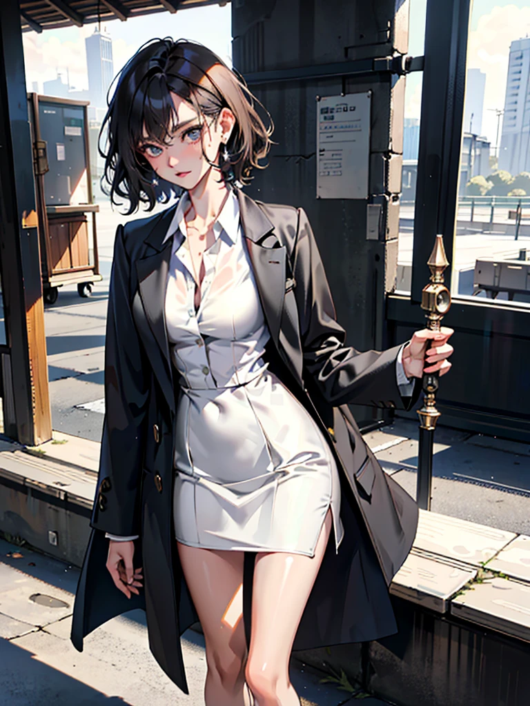 absurdres, RAW photo, extremely delicate and beautiful, masterpiece, Best Quality, ultra high resolution, 32k, hyperrealistic, ultra-detailed, perfect anatomy, anatomically correct, perfect figure, super Detailed skin, 20 years old, very Slim body, narrow waist, very small head, very small face, delicate facial features, detailed face, detailed eyes, tearful mole, earring, thin legs, bare legs, very huge round breasts, short medium hair, ((wavy hair)), wet clothes, ((business suit)), white shirt, black skirt, (coat), detailed weapon,