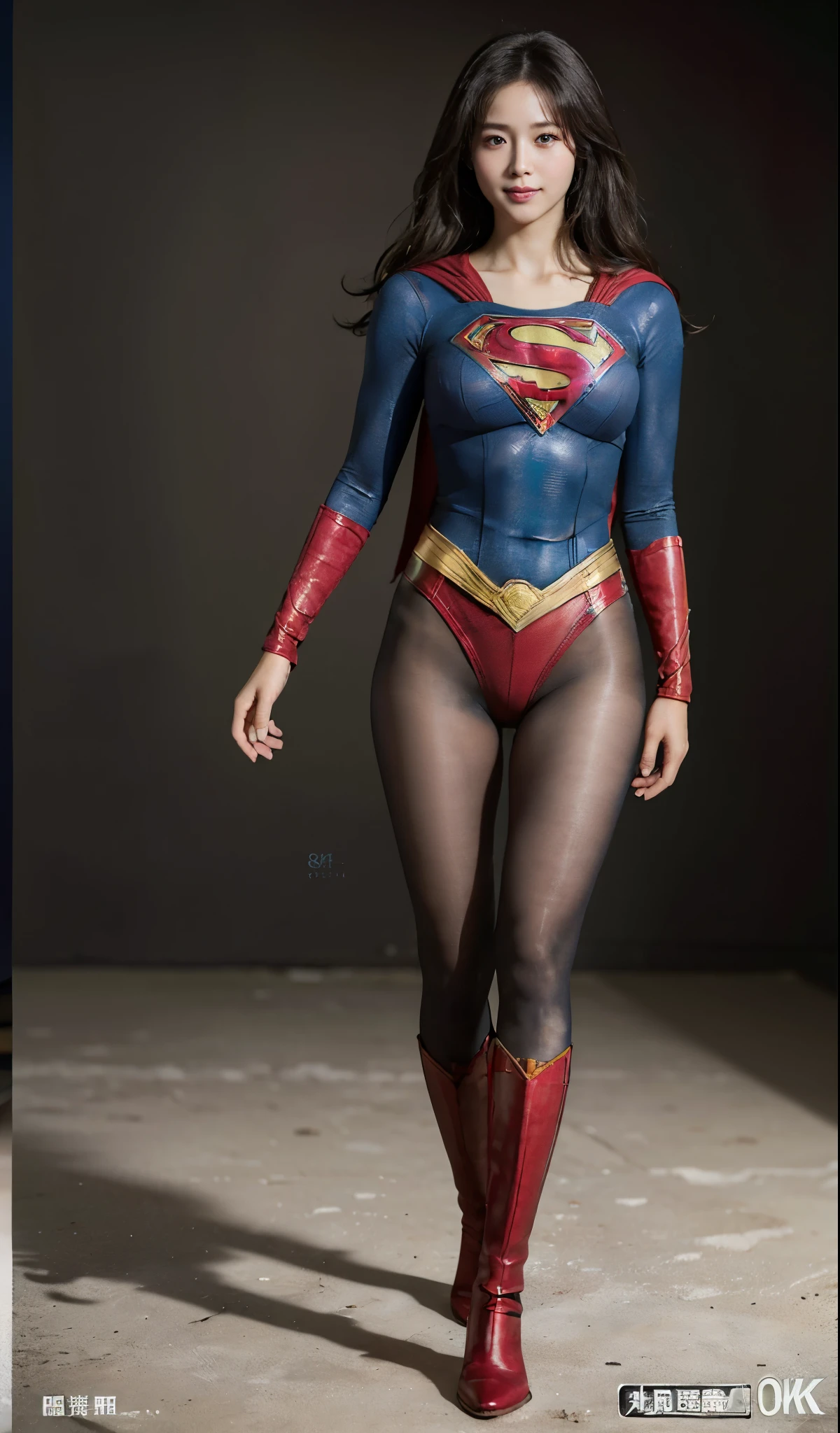 No background、(((Beautiful legs in black tights.)))、(((Legally express the beauty of your smile)))、((((Make the most of your original images)))、(((Supergirl Costume)))、(((Beautiful Hairstyles)))、(((suffering)))、(((Please wear black tights....、Wear red boots)))、((Best image quality、8k))、((highest quality、8k、masterpiece:1.3))、(((Preserve background )))、Sharp focus:1.2、Beautiful woman with perfect figure:1.4、Slim Abs:1.2、Wet body:1.5、Highly detailed face and skin texture、8k