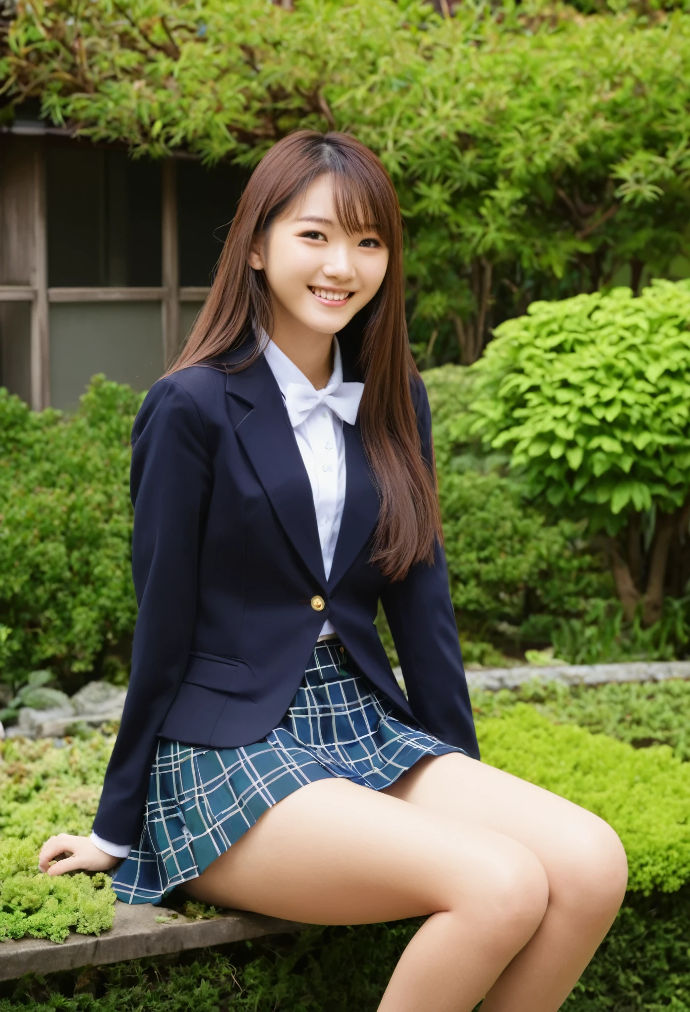 high school girl、Japanese、sit、blazer、skirt、Thighs、garden、smile、long hair