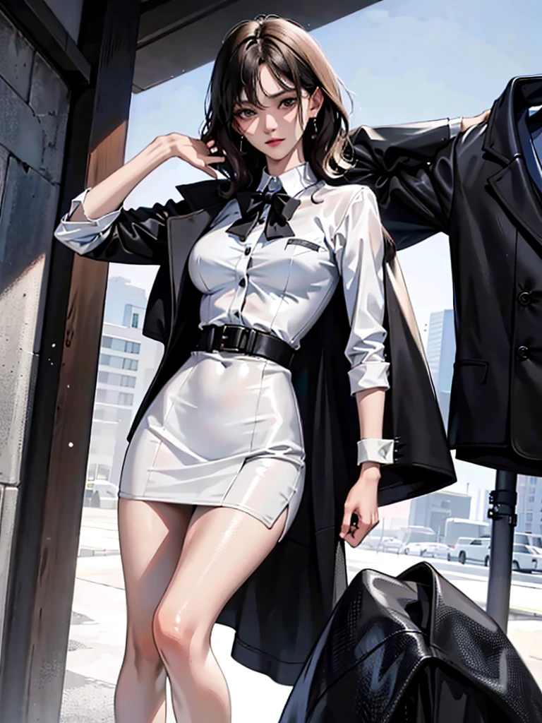 absurdres, RAW photo, extremely delicate and beautiful, masterpiece, Best Quality, ultra high resolution, 32k, hyperrealistic, ultra-detailed, perfect anatomy, anatomically correct, perfect figure, super Detailed skin, 20 years old, very Slim body, narrow waist, very small head, very small face, delicate facial features, detailed face, detailed eyes, tearful mole, earring, thin legs, bare legs, very huge round breasts, short medium hair, ((wavy hair)), wet clothes, ((business suit)), white shirt, black skirt, (coat), detailed weapon,