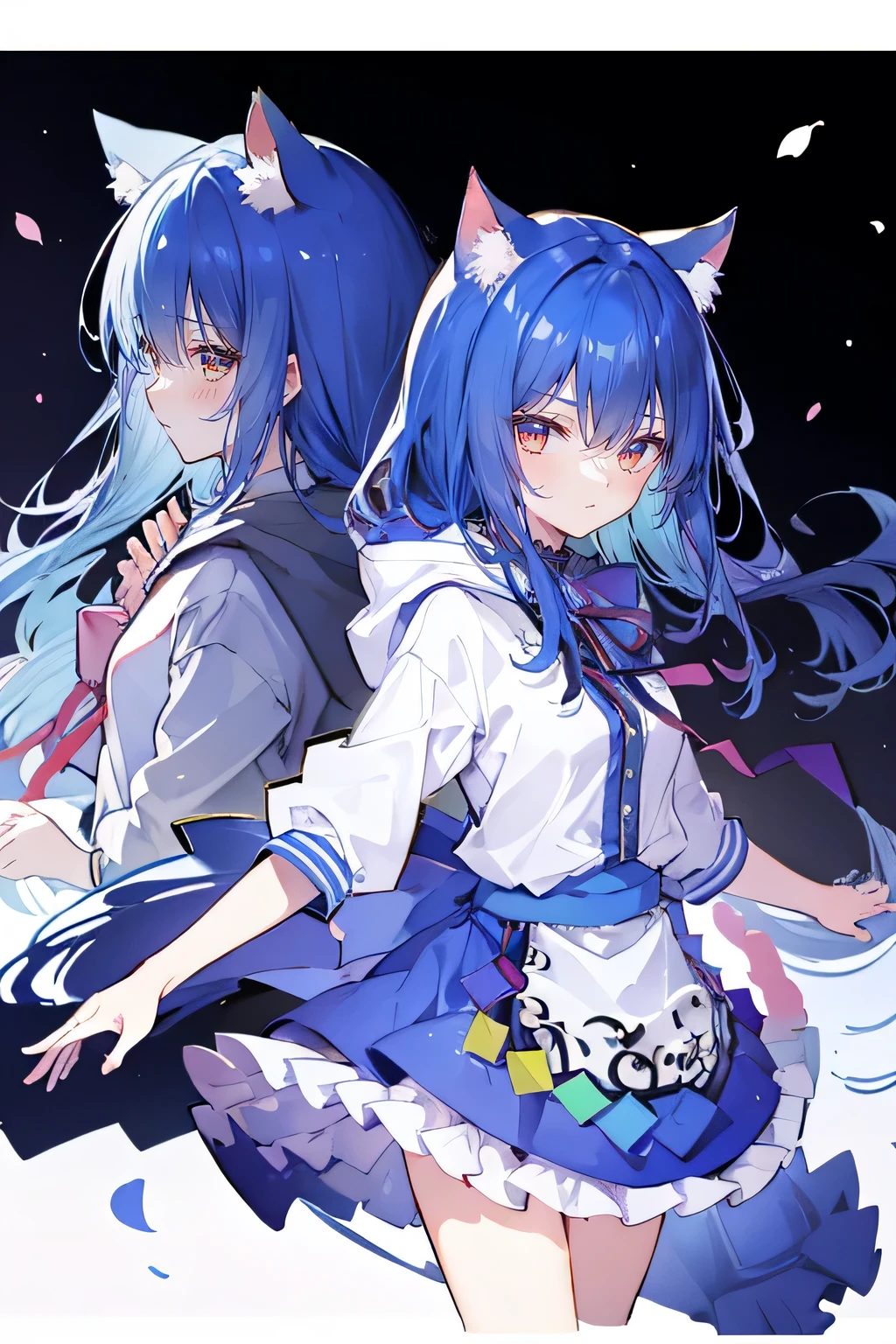 (masterpiece:1.2),Super detailed,lifelike,Expressive eyes,fair skin,perfect face shape,1 girl,
Japanese comics,Gorgeous blue hair,flowing blue hair,flowing clothes,Cat ears,Petals fall,beautiful lola,Baby Angel,
Shaking head with one hand,Cross your legs,Gentle and peaceful background,The pavilion is cool and comfortable,smile, wearing hoodie, background of tokyo,back views.snowing, winter.
