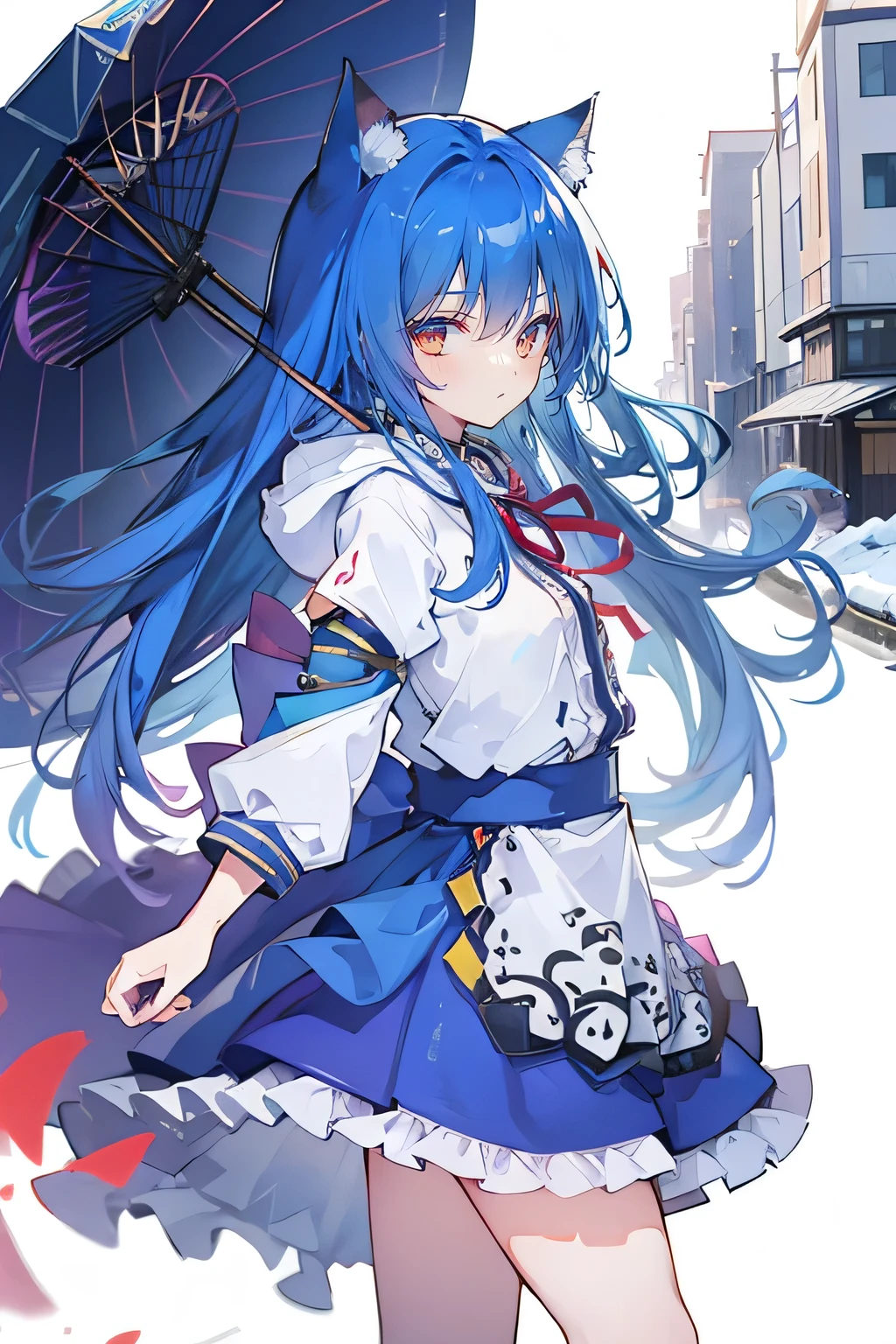 （masterpiece：1.2），Super detailed，lifelike，Expressive eyes，fair skin，perfect face shape，1 girl，
Japanese comics,Gorgeous blue hair,flowing blue hair,flowing clothes,Cat ears,Petals fall,beautiful lola,Baby Angel,
Shaking head with one hand，Cross your legs，Gentle and peaceful background，The pavilion is cool and comfortable,smile, wearing hoodie, background of tokyo,back views.snowing, winter.