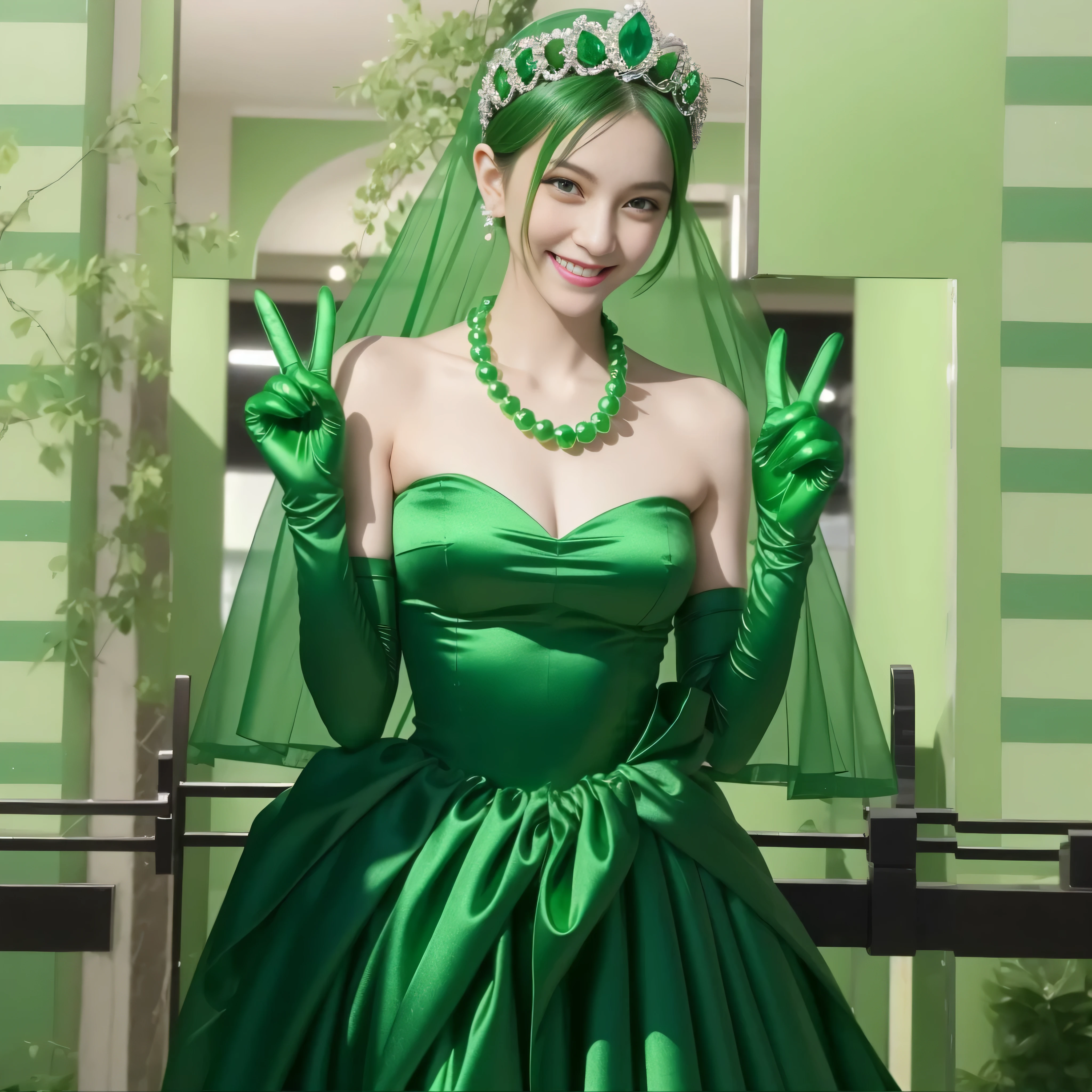 Emerald tiara, Green Pearl Necklace, Boyish very short green hair, lipstick, Smiling Japanese woman, Very short hair, Big tits beautiful, Green Eyes, Long green satin gloves, Green Eyes, v sign, Emerald Earrings, Green Veil
