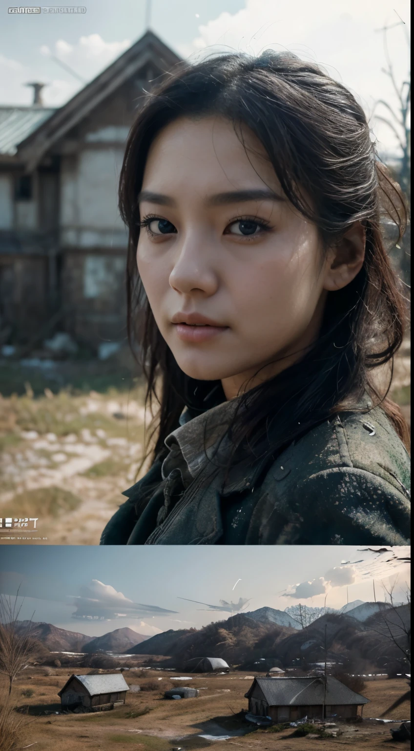 Foto hiperrealista en primer plano de Kim Joo from Korea, masterpiece, best quality, (photorealistic:1.4), Create dystopian masterpieces. Depict a rural landscape in the rugged style of the game's concept art. This work should evoke a sense of abandonment and despair in a futuristic, post-apocalyptic world. Notice the intricacies of detail, the sharp focus.