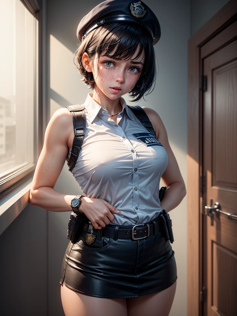 1 girl, alone,Black short-haired police uniform,belt,watch, White sleeveless collared shirt,Blue super mini skirt:1.8,Police Cap, The female police officer is blushing:1.8, Perfect light, 8k, masterpiece:1.2, Very detailed, Realistic:1.37, Full HD, Police Station Background,indoor,Front shot,Are standing,(Tears streaming down my face:1.4)