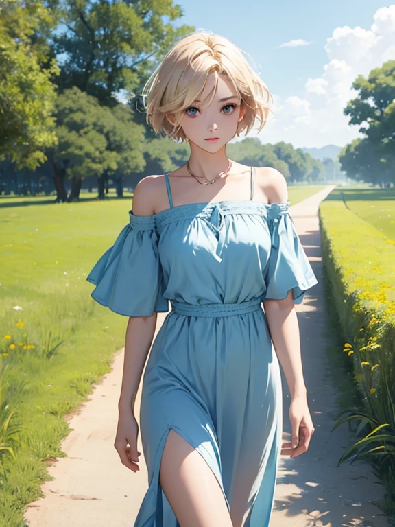 Tia is shown to have a fairly slender figure. She has white-grey hair , she has short hair and large pale green eyes,A girl in the savannah grass wearing a short open shoulder dress is sitting on the ground and playing with lions cleavage exposed, big breasts, superior quality, many details, Puri focus  Sharp and realistic