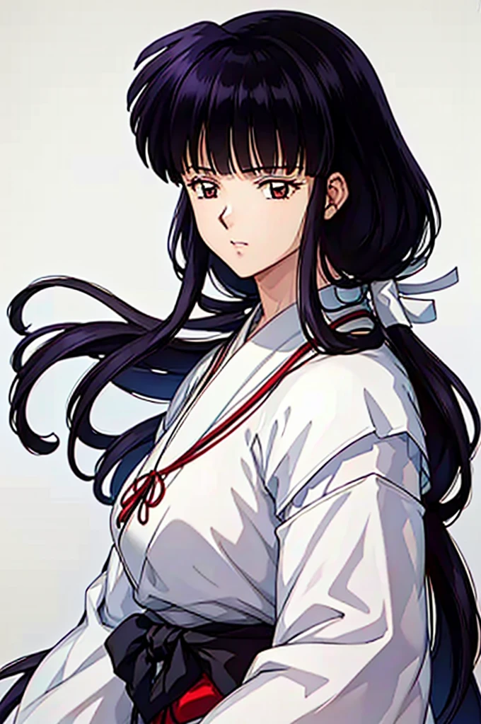 masterpiece, best quality, ultra detailed, extremely detailed, beautiful detailed glow, ultra high res, very high res, beautiful ,best aesthetic, 8k,,((beautiful face)), 2d anime, beautiful detailed hair, an adult woman, beautiful Japanese woman, black long hair, face shot, simple white background, wearing a kimono, tie hair, realistic skin texture, ((happy))