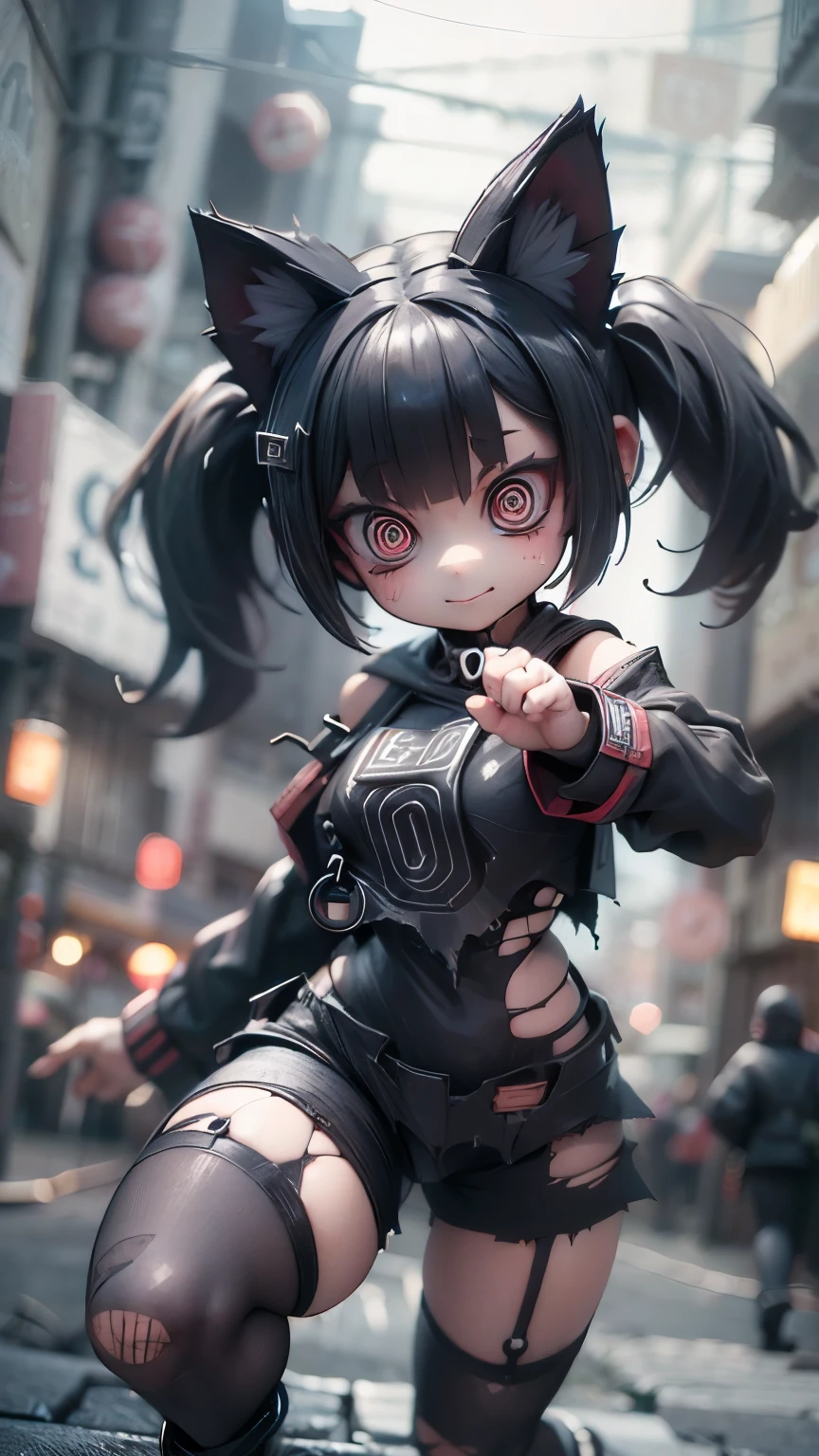 2D,quality\(8k,wallpaper of extremely detailed CG unit, ​masterpiece,hight resolution,top-quality,top-quality real texture skin,hyper realisitic,increase the resolution,RAW photos,best qualtiy,highly detailed,the wallpaper/), BREAK,solo,1woman\(cute,kawaii,teenage,evil smile,hair floating,hair messy,black hair,long twin tails hair,pale skin,skin color blue,eyes are red,red eyes shining,big eyes,(ripped clothe:1.8),tight tube top,breast,tight hot pants,(dynamic pose:2.0),(stomach shown :0.8),punk fashion,(cat-ear\(black\):1.4),(dynamic pose:1.4)\),background\(outside,noisy city,backstreet,narrow street,(dark:2.0),neon lights\),[chibi:2.0],