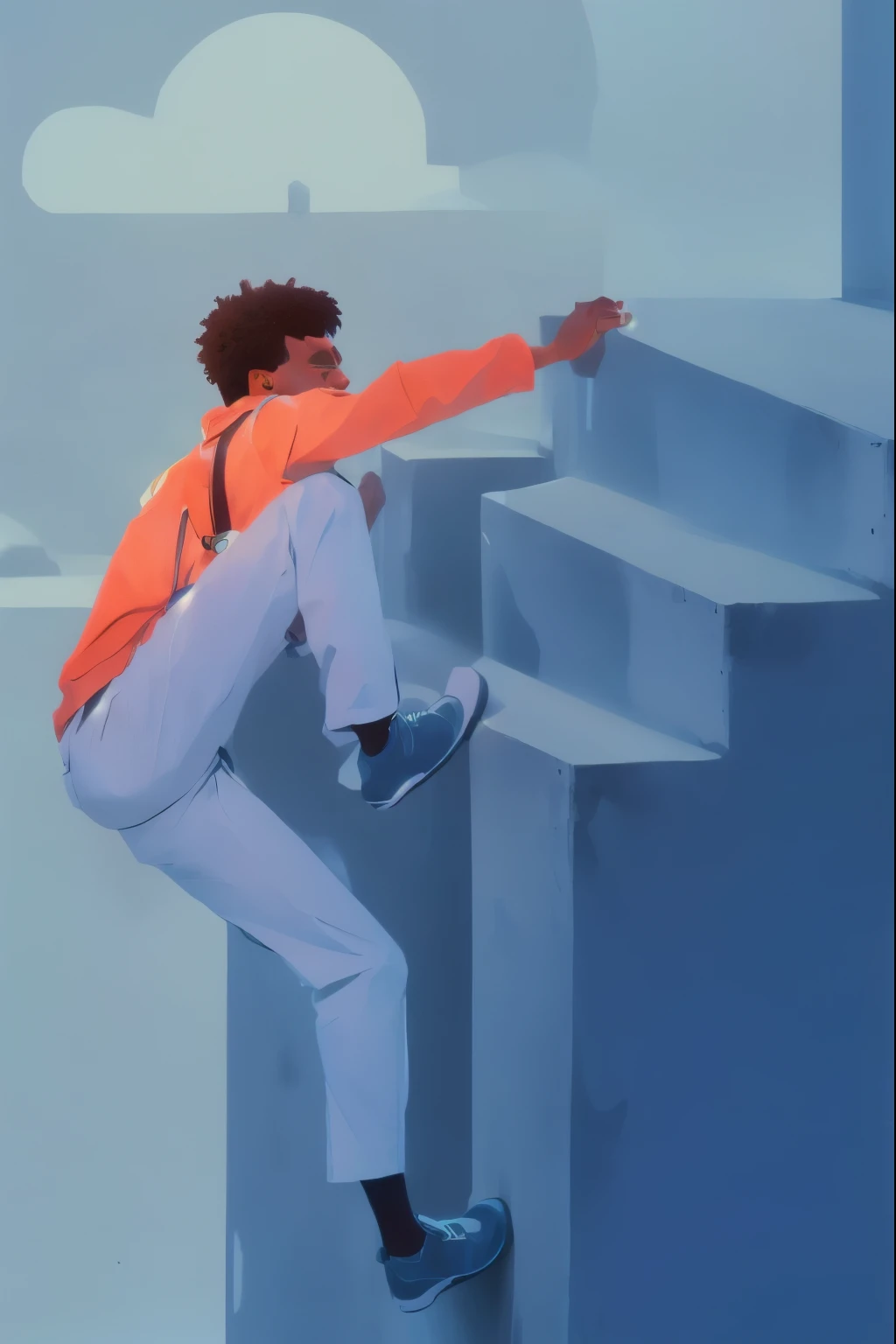 a man afro descendente, pele escura cabelos crespos, negro, escalando up a steep hill with a backpack on his back, pisando em torres, Impossible stairs, descendo as escadas, 2D Illustration, 2D Illustration, escalando up a cliffside, medo de alturas, simple illustration, flat illustration, An illustration, Parkour, escalando, Wikihow illustration, digital illustration, digital art illustration, imagem de fundo
