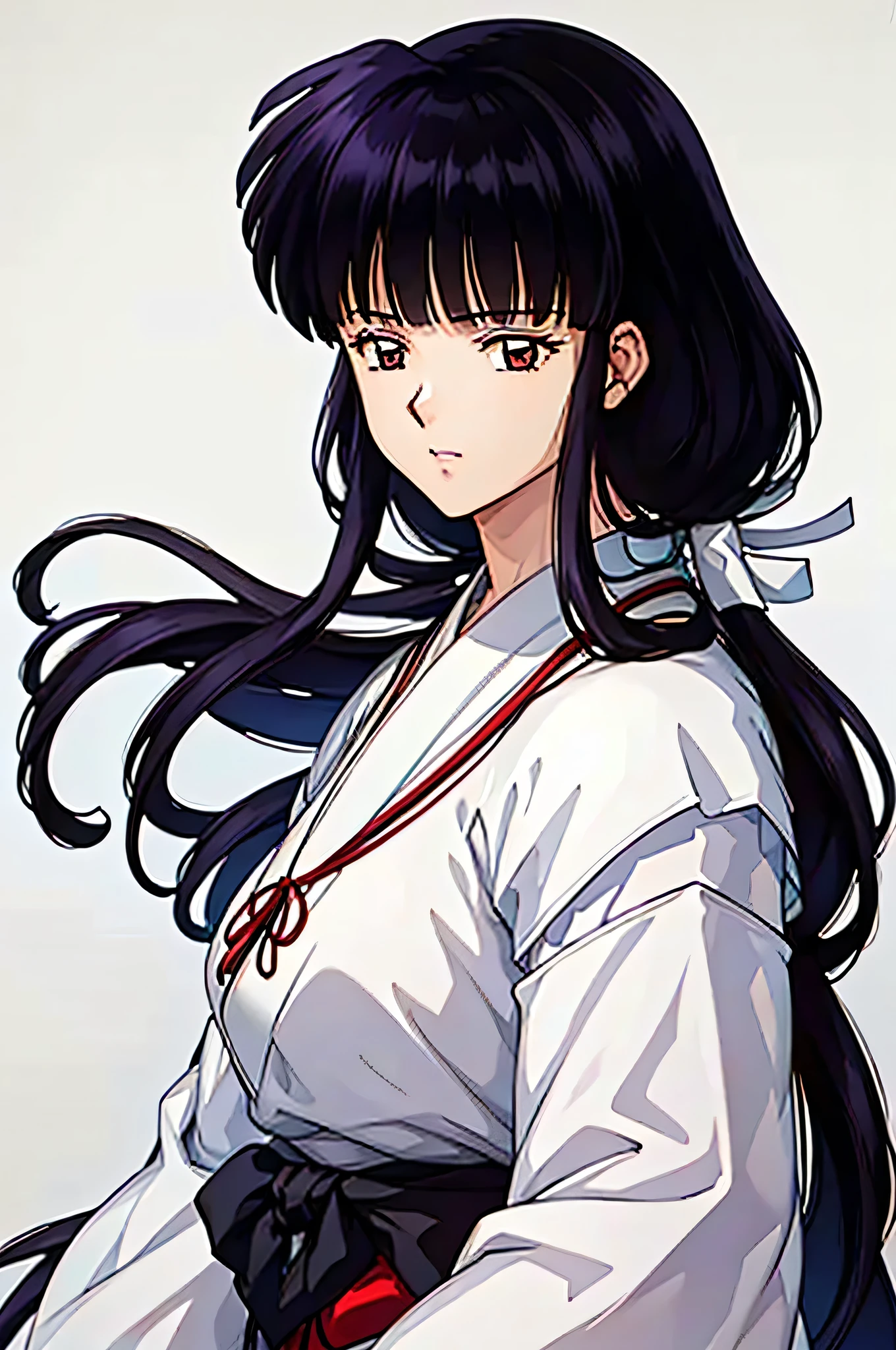 masterpiece, best quality, ultra detailed, extremely detailed, beautiful detailed glow, ultra high res, very high res, beautiful ,best aesthetic, 8k,,((beautiful face)), 2d anime, beautiful detailed hair, an adult woman, beautiful Japanese woman, black long hair, face shot, simple white background, wearing a kimono, tie hair, realistic skin texture,  ((happy))