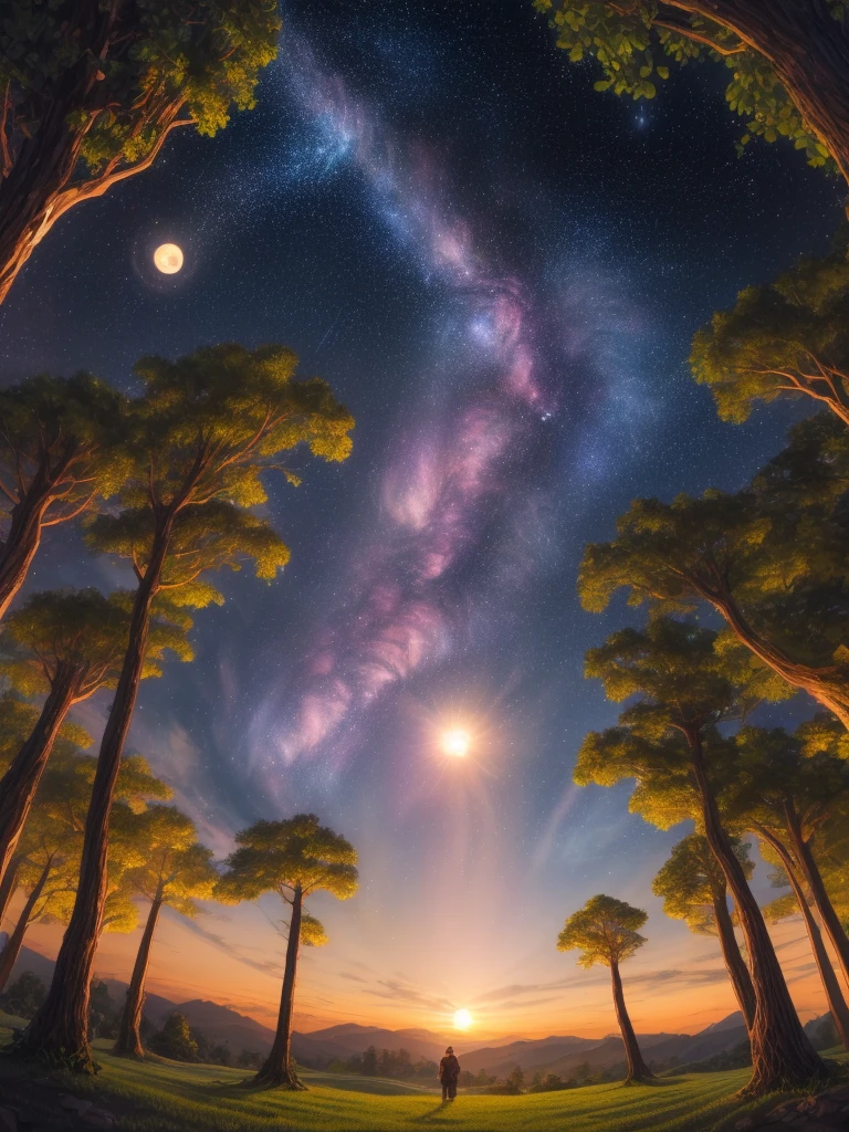 Expansive landscape photograph, (view from below with a view of the sky and the wilderness below),  standing in a flower field looking up, (full moon: 1.2), (shooting star: 0.9), (nebula: 1.3), distant mountain, tree break production art, (warm light source: 1.2), (firefly: 1.2), lamp, purple and orange, intricate detail, volume lighting BREAK (masterpiece: 1.2), (highest quality ), 4k, ultra-detailed, (dynamic configuration: 1.4), highly detailed and colorful details (iridescent: 1.2), (sparkling lighting, atmospheric lighting), dreamy, magical, (solo: 1.2)