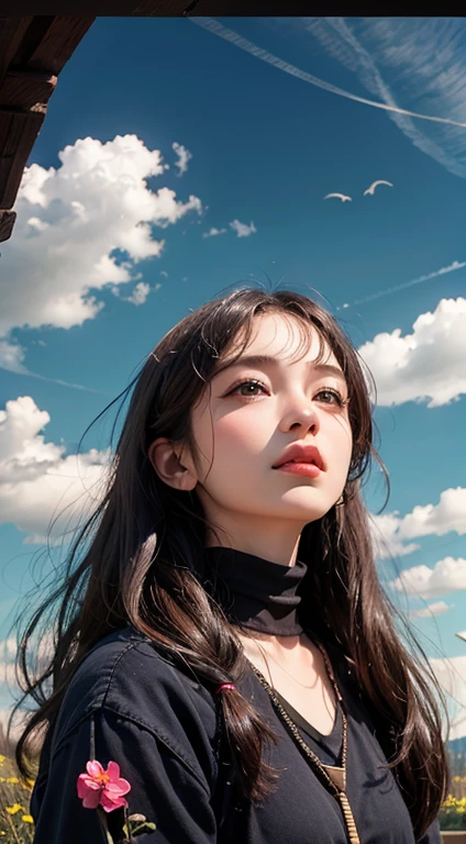 (PEPencilDrawing:1.4), Lonely flowers and blue sky、Autumn sky and beautiful cosmos flowers、Landscape photo of the vast cosmos flower field、（View from below with a view of the sky and the wilderness below）、Girl looking up at blue sky、Draw a big picture of the sky、masutepiece、top-quality