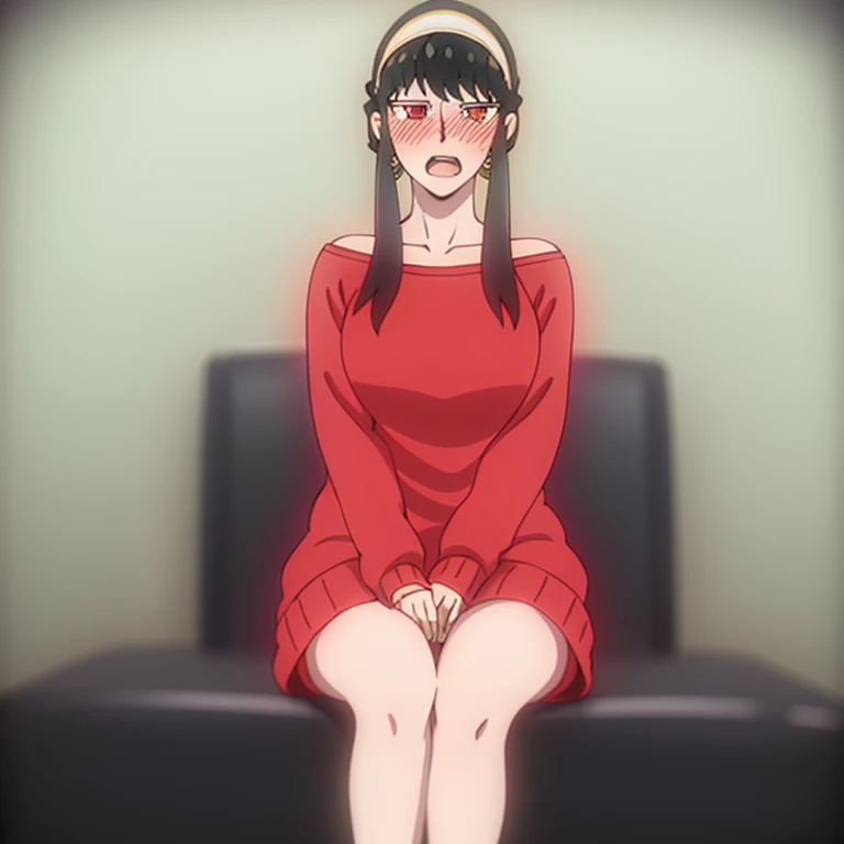 yor briar, 1girl, blush, black hair, hairband, jewelry, open mouth, solo, wide-eyed, sidelocks, red sweater, Joel, 1girl, long hair, bangs, gold earrings, red eyes, upper body, sweater, surprised, bangs, collarbone, off shoulder, white hairband, bare shoulders, indoors, long hair, gold earrings, sweat, looking at viewer, short hair with long locks, breasts, Exquisite visuals, high-definition,masterpiece,best quality,Exquisite visuals,high-definition,masterpiece,best quality,18yo,Young female,Beautiful Fingers,Beautiful long legs,Beautiful body,Beautiful character design, bare legs, bare feet, sitting on couch, hand between legs, fullbody, legs together