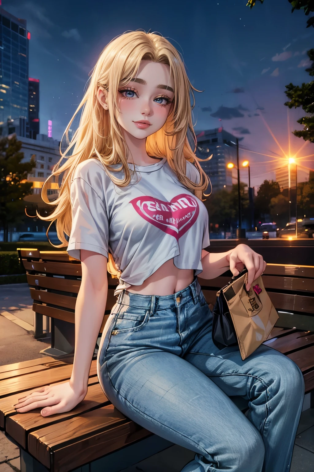 one girl, ((full body)), solo, 18-year-old blonde beauty, pale blue eyes, carefree demeanor, delicate frame, long blonde hair cascades down her back, her hair are framing her heart-shaped face, eyes hold a sparkle of excitement, wonderful smile, sitting on bench in park, checking her phone, ripped jeans, pink t-shirt,  (cinematic lighting, perfect lighting), (vivid colors), very detailed. very high resolution, sunset, realism