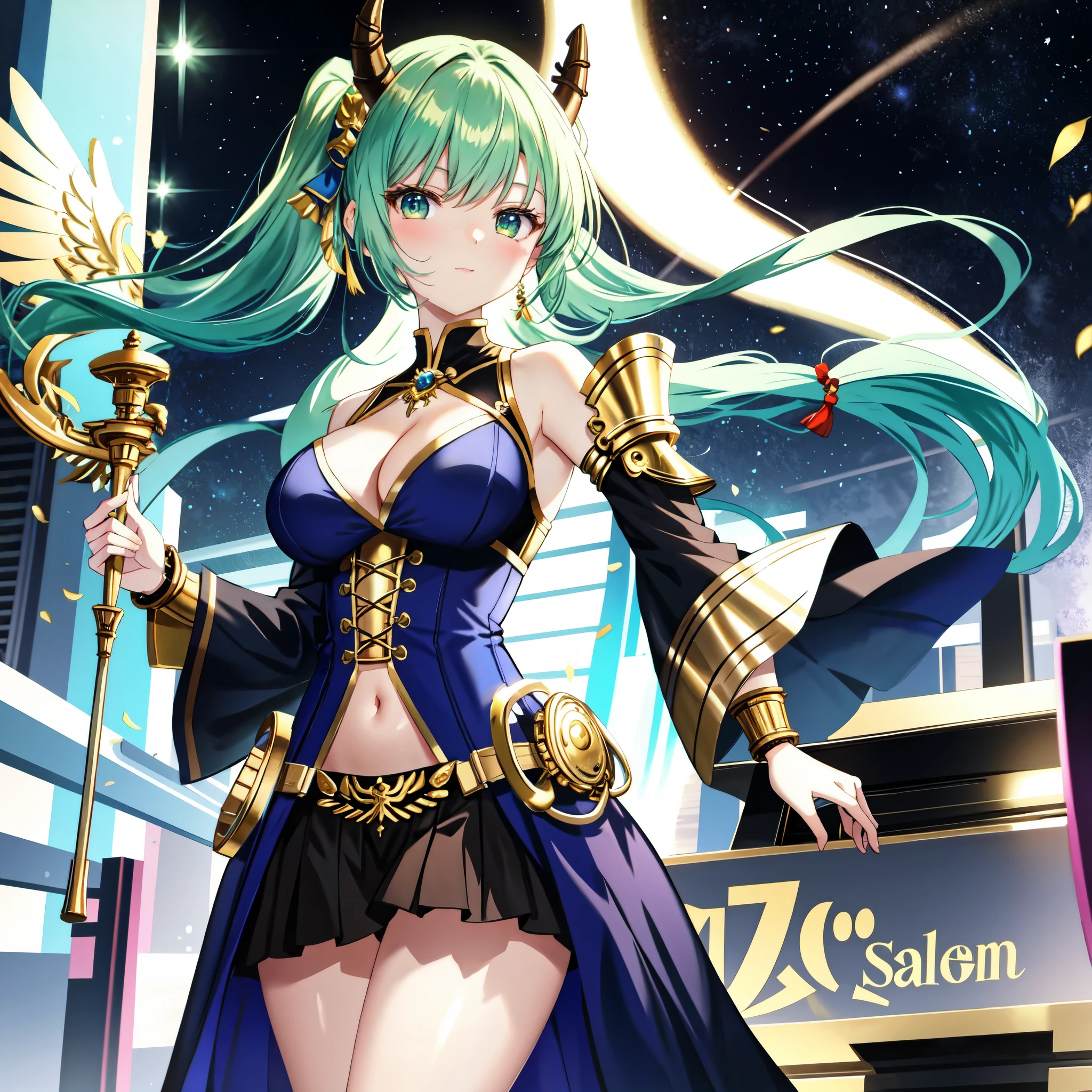 Theme: God of Gold
Presence of wings and details (if popular):
Presence and details of tobacco (pipe, kissel) (if it seems popular): Golden pipe
Emotions and movements: Possesses a large amount of gold, is provocative, looks down on the viewer
Worldview: Fusion of anime and manga, dark fantasy
perspective: 
Lighting:
Kemonomimi and tail (horns and tail): None
Hair style and color: Mainly long hair, ponytails, twin tails, bob cuts, and long braids. A hairstyle that is an arrangement of one of the remaining three hairstyles. The main hair color is gold, choose one main color from blue and green, and add the other two as slight gradations.
Props (from weapons to everyday items):
Additional information (other):
Composition:
Background and background color details: Look at the street children in the background as if you were looking at trash.
Must-have color: gold
Number of characters:
Body type and skin color: cleavage (between breasts), erection of nipple, hanging breasts, armpits, bare shoulders, breasts, caustics, collarbones, huge breasts, sagging breasts, moles, skin depressions, stomach, thighs, moistwith
Costume and outfit colors: blue and green corseted dress with artistic forms decorated with gold
Style 2:
Style: casual clothes, white anime barbie, biomechanical, casual clothes, anime moe art style, dress, desktop background, biomechanical big 
Image Quality: High quality and detailed art in 8K, Photorealistic anime girl rendering, [ 4K digital art ]!!, Highly detailed anime, Highly detailed short full body portrait!, Digital on pixiv Art, anime art wallpaper 8K