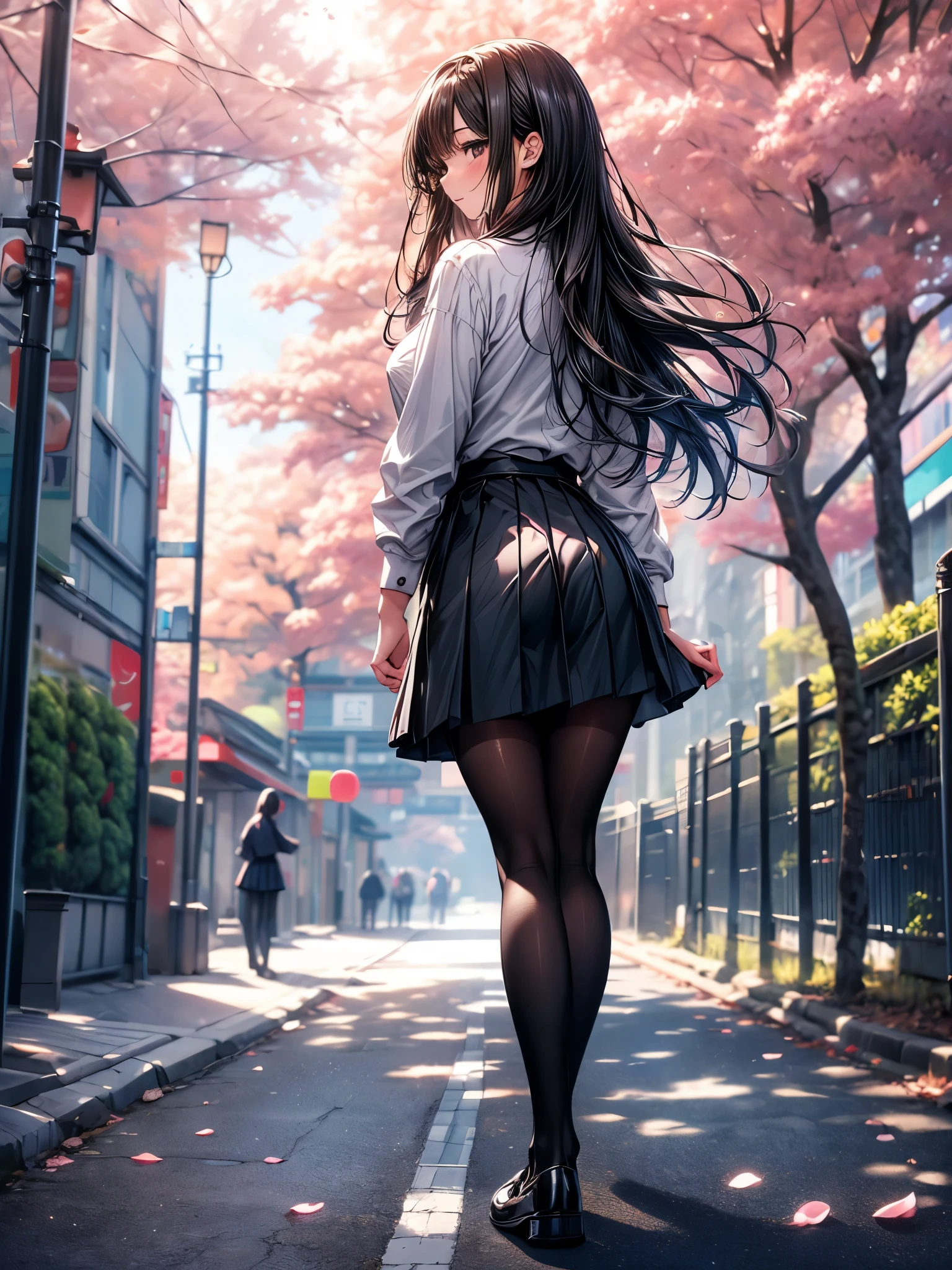 ((Ultra-delicate)), ((Ultra-detail)),(Be focused), (high resolution), Deformed depth of field blurred background, (Detailed background), Perfect layer cut, (full-body shot), rear View, a girl, one person, ((Japanese student)), slim figure, smooth skin, black long hair, slim legs, beautiful fingers, School uniform, white shirt, Black pleated student skirt, dark stockings, Dark student shoes, Background japan city, on street, outdoor , spring, morning, Cherry blossoms, floating Cherry blossoms, CG unity, 8k, Octane Render,