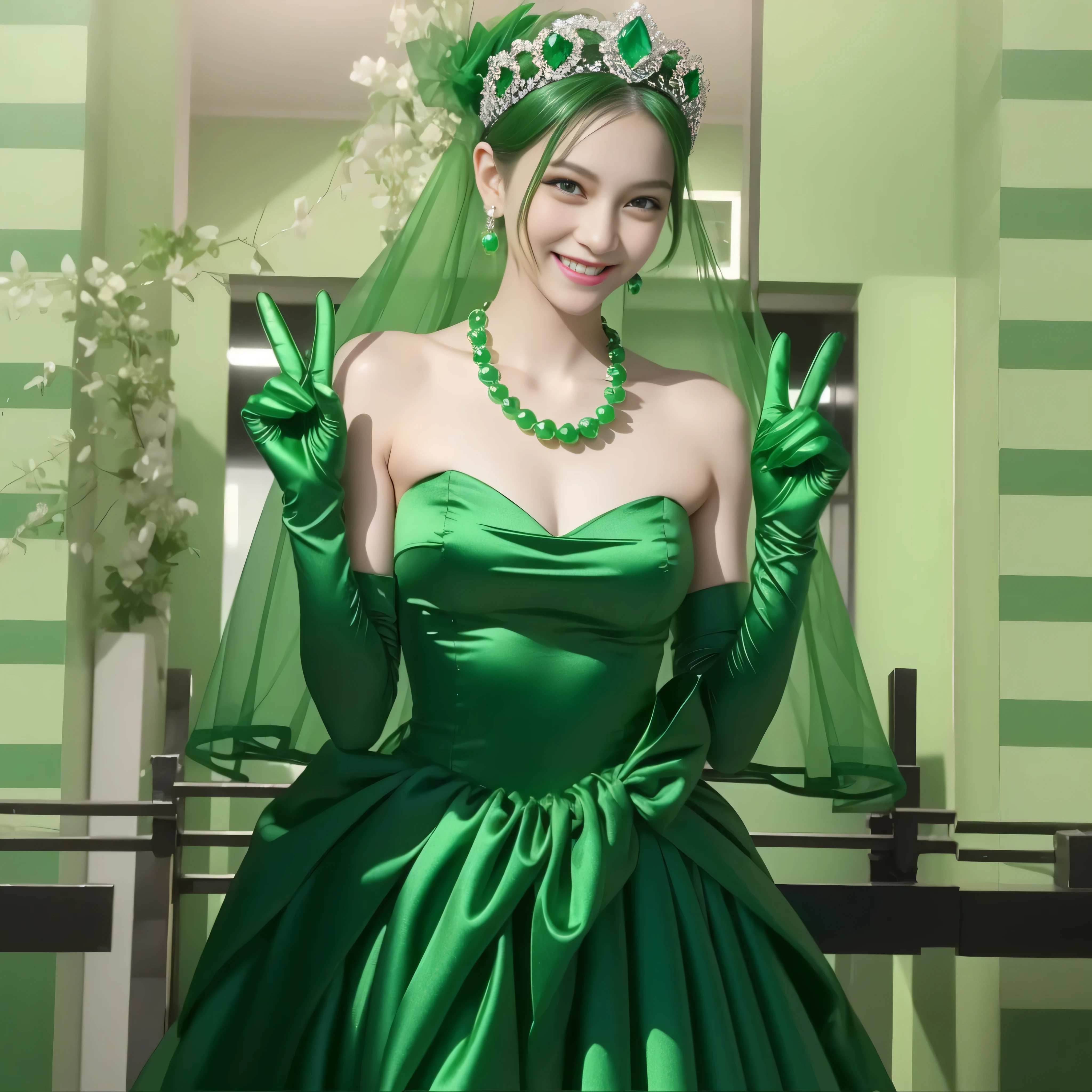 Emerald tiara, Green Pearl Necklace, Boyish very short green hair, lipstick, Smiling Japanese woman, Very short hair, Big tits beautiful, Green Eyes, Long green satin gloves, Green Eyes, v sign, Emerald Earrings, Green Veil