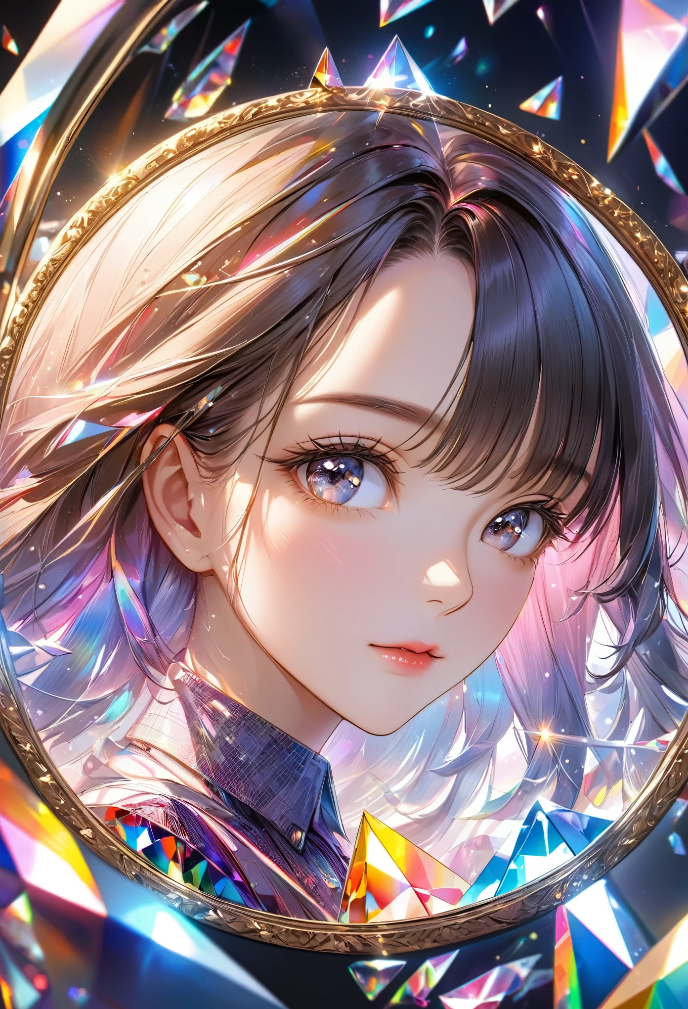 best quality, super fine, 16k, incredibly absurdres, extremely detailed, portrait, perfect beauty, prism effect, mirror effect, professional lighting