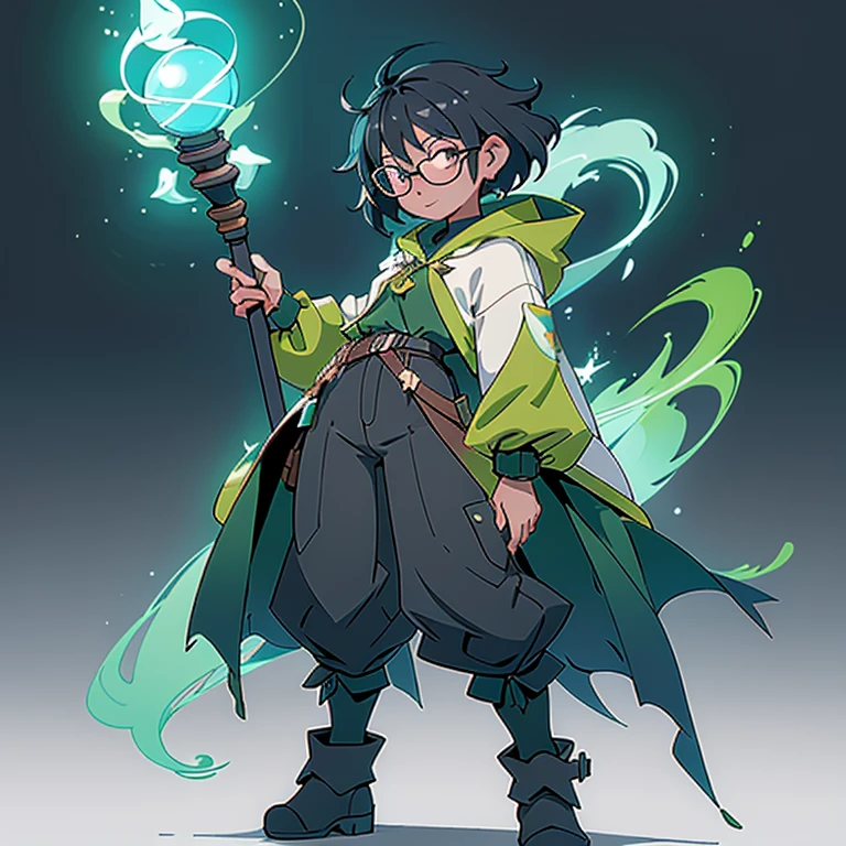 black hair, black, sunburnt, woman, adult, glasses, Whole body, magic, short hair, green tunic with magical symbols, Black pants, Blue Starlight Cloak, boots, during, White background, Static Pose
