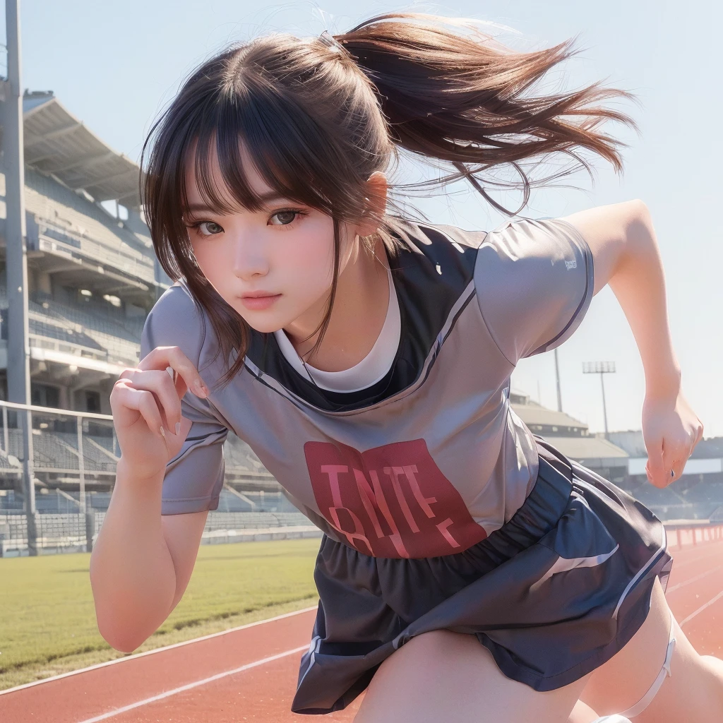 Girl running on a track, A girl is running, Smooth Art, Beautiful and detailed art, Realなアートスタイル, Detailed digital art,Realism Style,8k、RAW Photos、highest quality、Real、Photorealistic、Professional Lighting、mix4、20d、Beautiful Teenage Woman、1 female、Big beautiful eyes、Larger breasts、((Track and field wear))