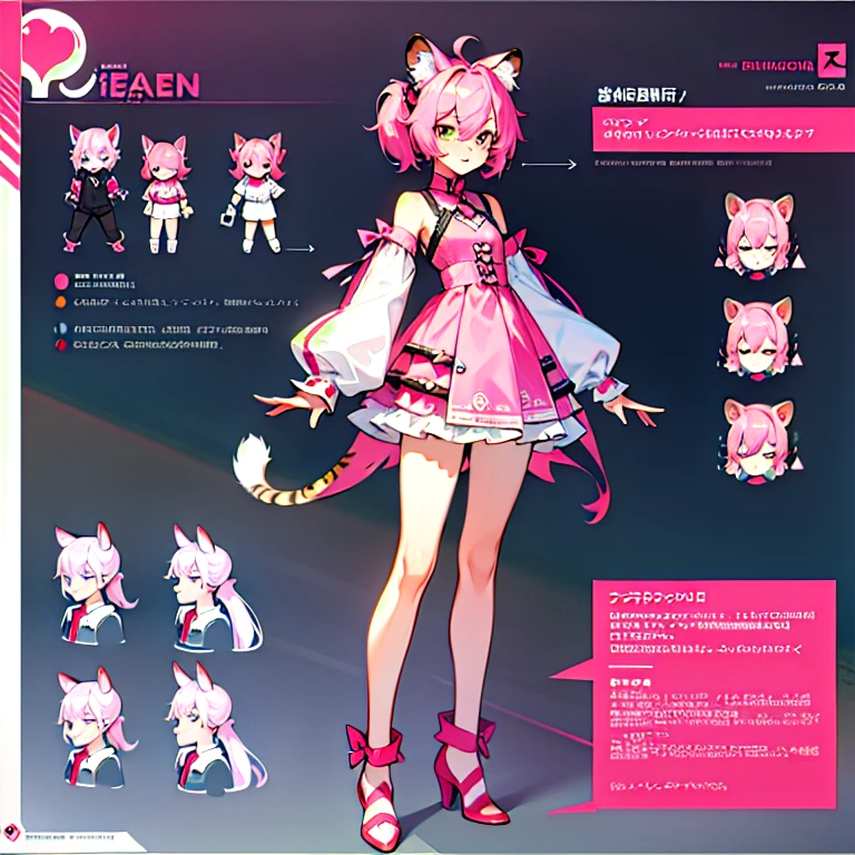 Character Reference Sheet, conceptual art, boy, Femboy, nice legs, tiger ears, Pink hair, two ponytails, a gamer