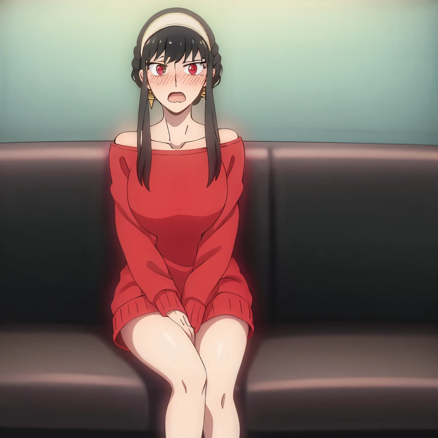 yor briar, 1girl, blush, black hair, hairband, jewelry, open mouth, solo, wide-eyed, sidelocks, red sweater, Joel, 1girl, long hair, bangs, gold earrings, red eyes, upper body, sweater, surprised, bangs, collarbone, off shoulder, white hairband, bare shoulders, indoors, long hair, gold earrings, sweat, looking at viewer, short hair with long locks, breasts, Exquisite visuals, high-definition,masterpiece,best quality,Exquisite visuals,high-definition,masterpiece,best quality,18yo,Young female,Beautiful Fingers,Beautiful long legs,Beautiful body,Beautiful character design, bare legs, bare feet, sitting on couch, hand between legs, fullbody, legs together