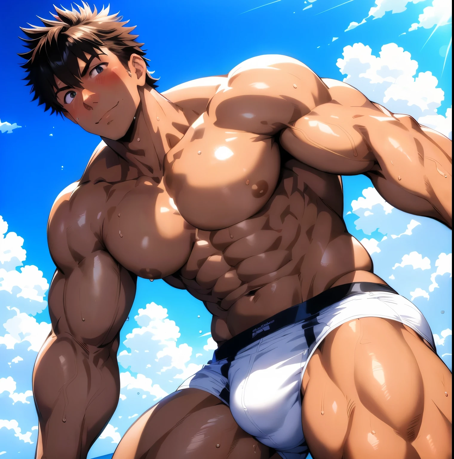 anime guy with a muscular body and no shirt on posing, muscular!!, muscular!, muscular! White, Mouth style, Mouth, muscular!!!, super awesome and cool, Mouth the grappler, gigachad muscular, muscular的姿势, muscular!! Science Fiction, Anime handsome man, muscular male hero, muscular! fantasy, muscular character, Cool anime poses