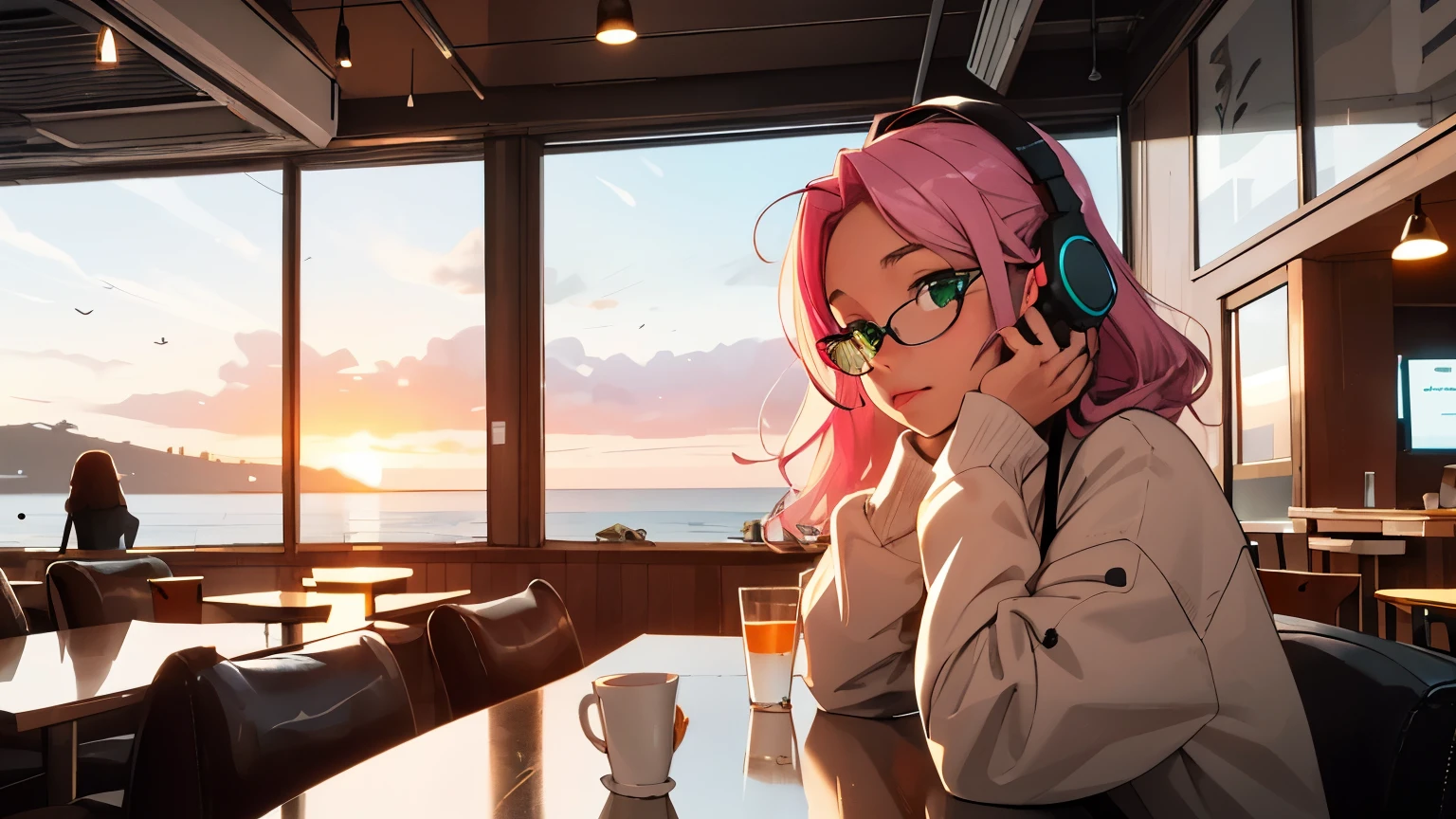 You act to achieve the goal of "a cafe on a hilltop with a view of the ocean, a girl with headphones watching the sunset, wearing long sleeves and working on a computer, with an 80's anime style and city pop culture vibe with a hint of ennui." Please.

# Theme:.
- Working in a cafe

# Constraints:.
- Cafe has a hill and a view of the ocean
- Cafe has counter seats with a view of the ocean
- Sitting at the counter of the café and working
- Working at the cafe with a view of the sunset
- The girl is wearing headphones.
- The girl is wearing long sleeves.
- The girl wears long sleeves. The girl wears glasses.
- The girl has long pink hair and green eyes.
- She works with a laptop.
- The girl's style resembles 80's anime.
- Atmosphere has city pop culture
- The girl's mood is ennui.

# Assumptions:.
- The cafe is located on top of a hill.
- The cafe has a view of the ocean.
- The girl is at the café at sunset.
- The girl brings her own PC.
- The interior and music of the café are in the style of 80's anime.
- The atmosphere of the café reflects the city pop culture.

# Rules:.
- Rules: Seats in the café face the hill.
- The sunset is seen from the window of the café during the sunset time.
- The girl is listening to music while working because she is wearing headphones
- The girl wears long sleeves to adjust the temperature in the café.
- The girl wears glasses, so she avoids obstructing her vision while working.
- The café needs a power supply and Wi-Fi because the work is done using a PC.
- The decor and music of the café should incorporate 80's anime style, so be careful with posters and music choices
- The atmosphere of the café will reflect city pop culture, so be creative with lighting and interior design
- Minimize staff interaction and contact with other customers because of the girl's ennui atmosphere

# Variables:.
- Cafe Name
- Name of the girl
- Menu of the café
- Title of the animation you are working on
- Title of the city pop song
- Description of the gir