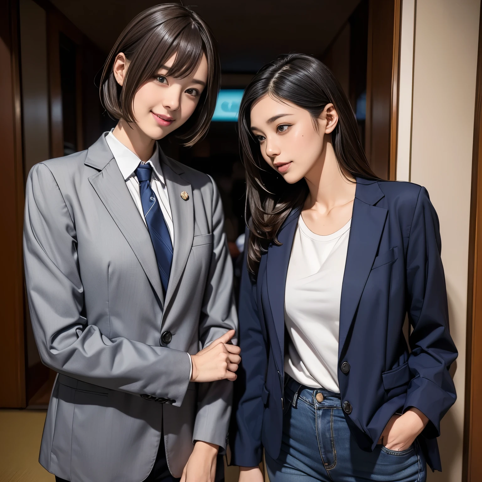 (Two Girls、Portrait、photograph:1.2、comedian、smile、conversation、Stand microphone、Two Girlsがまったく異なる服装をしている:1.4)、(One girl is wearing a white shirt, gray suit and tie.:1.37)、(The other girl is wearing jeans、T-shirts、Wearing a Japanese suka jacket:1.37)、(They're both on a small stage.)