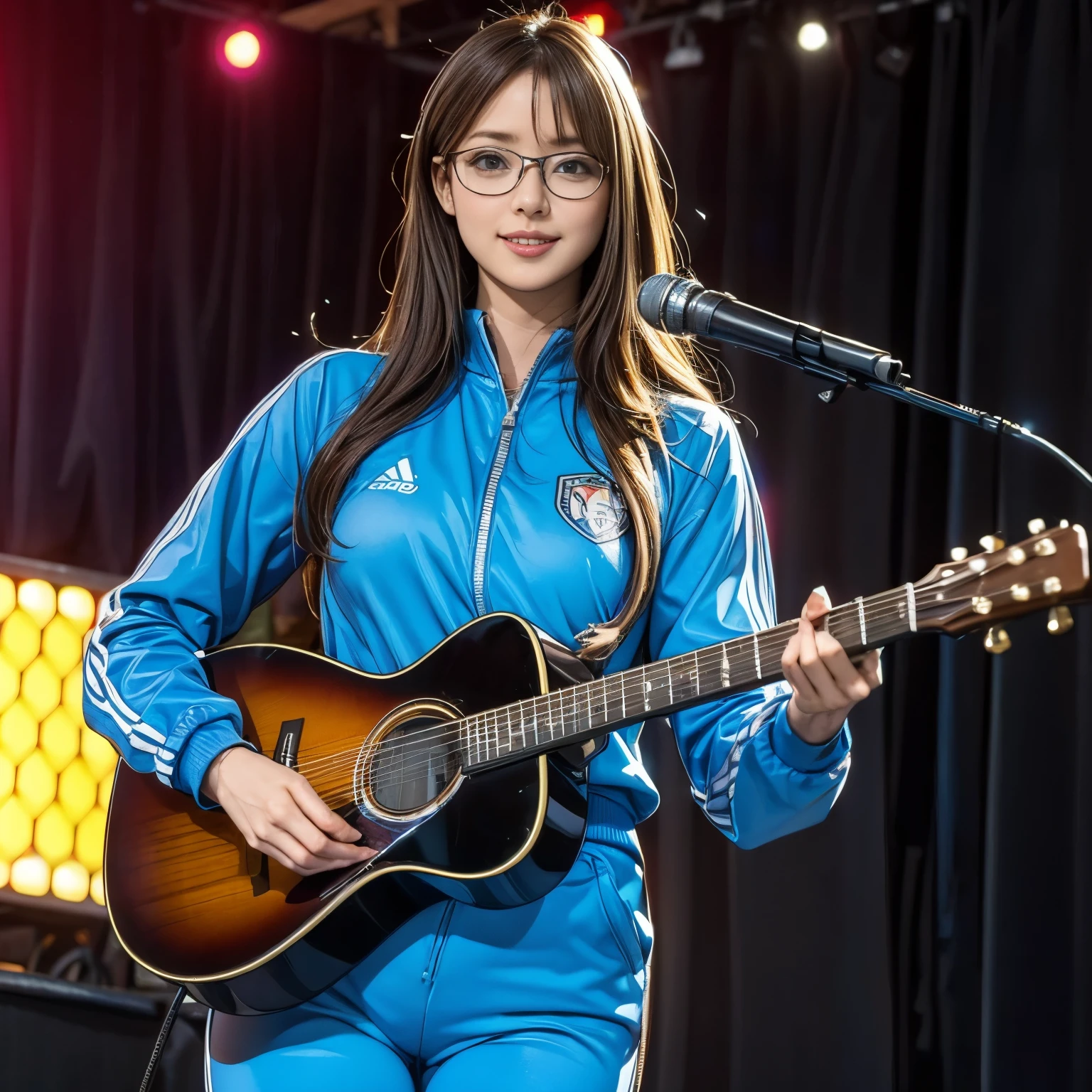 (best quality,4k,8k,highres,masterpiece:1.2),ultra-detailed,(realistic,photorealistic,photo-realistic:1.37),portraits,comedian,smiling,talking,stand-up microphone,2girls wearing completely different outfits:1.4,(1girl wearing a red tracksuit:1.37,chicken imitating dance),(another girl wearing a blue tracksuit:1.37,black-rimmed glasses, playing acoustic guitar),(both standing on a small stage)