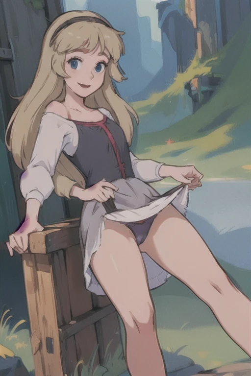 (masterpiece:1.4), (best qualit:1.4), (high resolution:1.4), bodice, long sleeves, princess eilonwy, hairband, skirt, smile, looking at viewer, upskirt view, revealing panties, panties focus