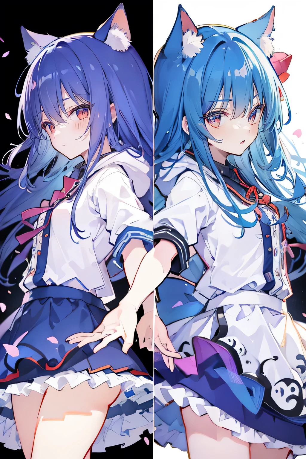 (masterpiece:1.2),Super detailed,lifelike,Expressive eyes,fair skin,perfect face shape,1 girl,
Japanese comics,Gorgeous blue hair,flowing blue hair,flowing clothes,Cat ears,Petals fall,beautiful lola,Baby Angel,
Shaking head with one hand,Cross your legs,Gentle and peaceful background,The pavilion is cool and comfortable,smile, wearing hoodie, background of tokyo,back views.snowing, winter.