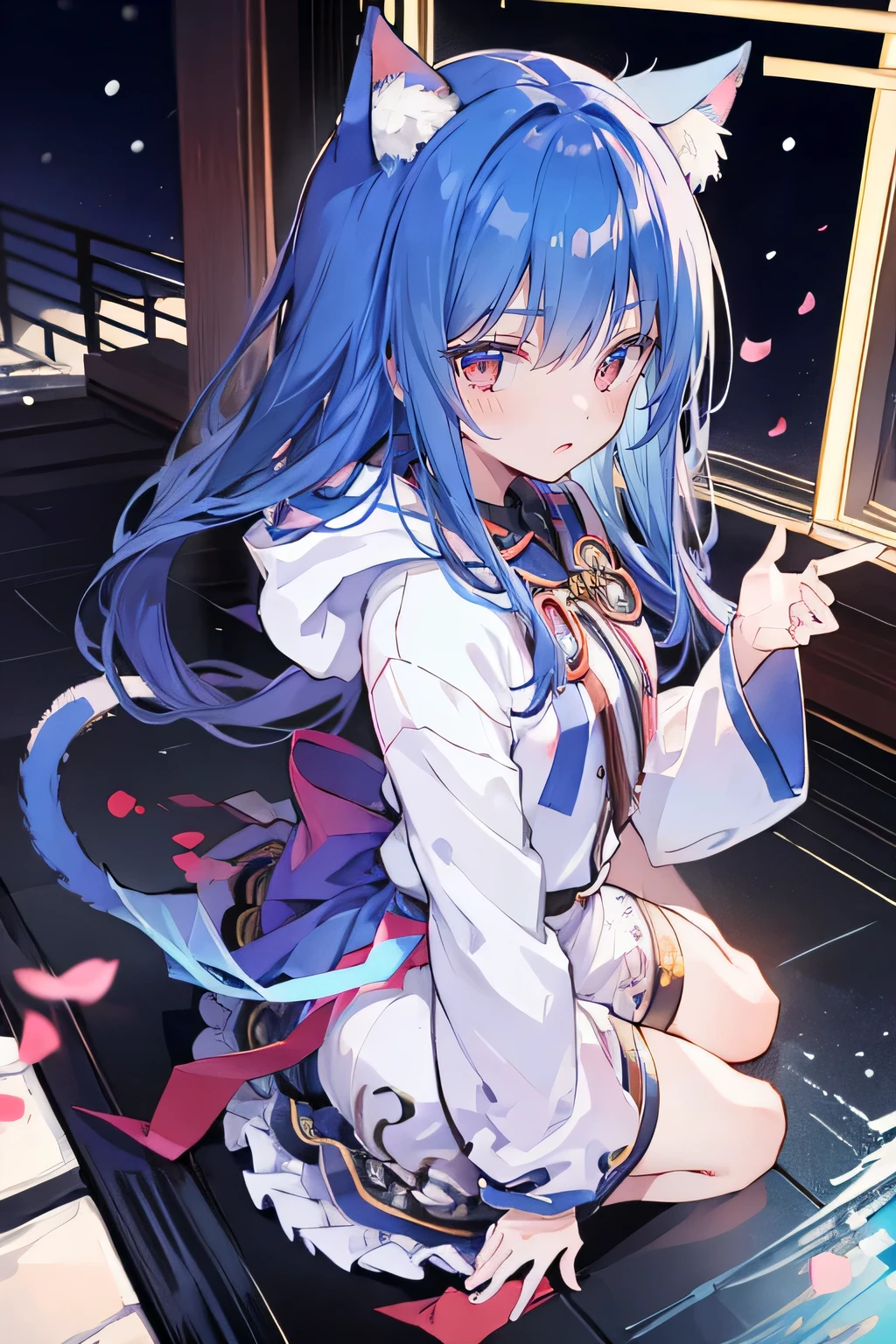 (masterpiece:1.2),Super detailed,lifelike,Expressive eyes,fair skin,perfect face shape,1 girl,
Japanese comics,Gorgeous blue hair,flowing blue hair,flowing clothes,Cat ears,Petals fall,beautiful lola,Baby Angel,
Shaking head with one hand,Cross your legs,Gentle and peaceful background,The pavilion is cool and comfortable,smile, wearing hoodie, background of tokyo,back views.snowing, winter.