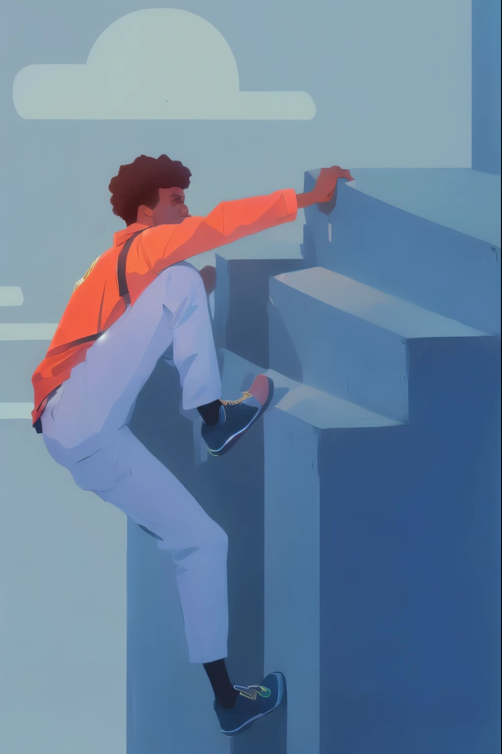 a man afro descendente, pele escura cabelos crespos, negro, escalando up a steep hill with a backpack on his back, pisando em torres, Impossible stairs, descendo as escadas, 2D Illustration, 2D Illustration, escalando up a cliffside, medo de alturas, simple illustration, flat illustration, An illustration, Parkour, escalando, Wikihow illustration, digital illustration, digital art illustration, imagem de fundo