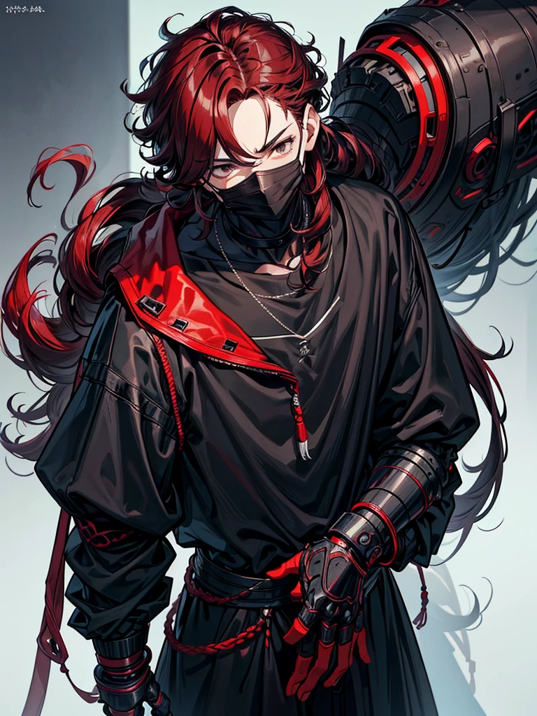 Handsome adult guy, black-red hair, hair tied in a small tail at the back, curly hair.
Dressed in black casual clothes, with are accessories with satanic symbols.
Black eyes, strong build.
Perspective view from below, looking from above. There is a black cloth mask on the face. Biomechanical prostheses instead of two hands.