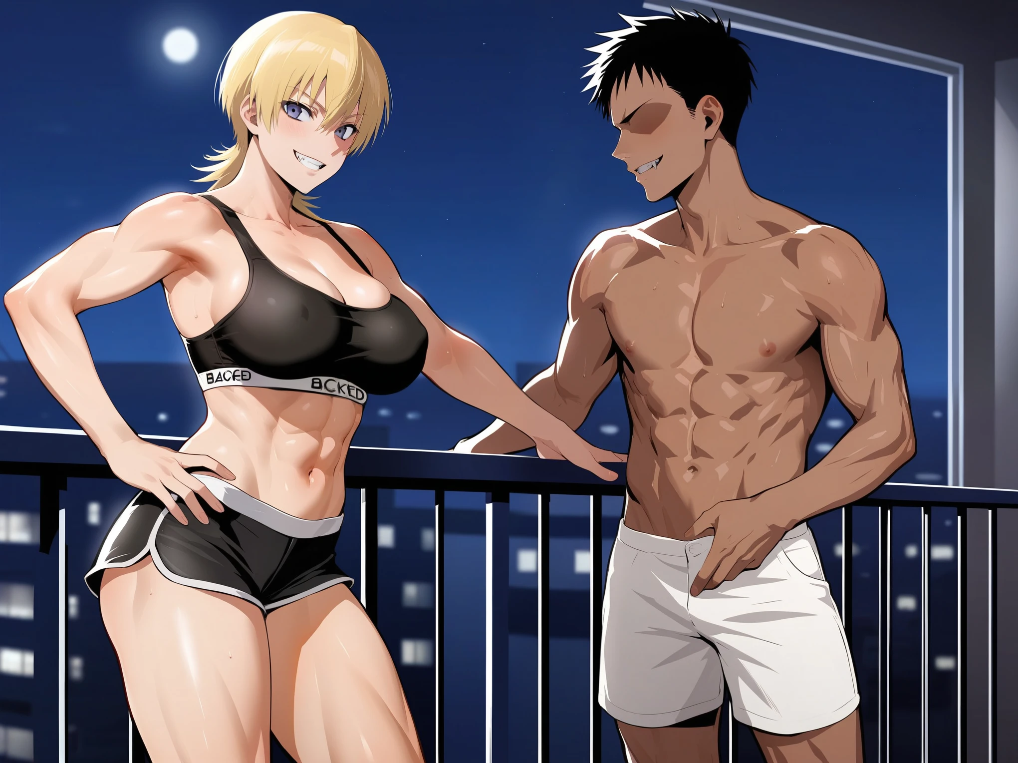 score_9, score_8_up, source_anime, standing, hellsing, seras, blonde hair, nude, indoors, night, night sky, nighttime, vampire, smirk, fangs, ikuchan, balcony, town background, clothed, wearing shorts, crop top, abs, muscular female, muscular male, large breasts, boyfriend, couple, sfw, looking at viewer, faceless male, dark skinned male, cuckold pov, ntr, netorare, standing side by side, standing, cuckolding, cuck, 1girl, 1boy, duo, ((duo focus)), black haired male, interracial, BLACKED, bbc, raceplay, smug, humiliation, ((faceless male)), ((size difference)), tall male