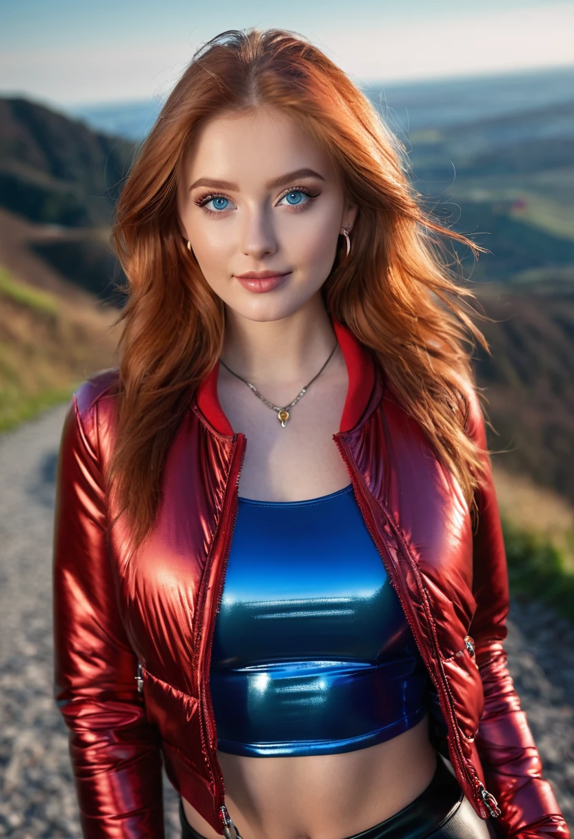 hyperrealistic beautiful busty 18-year-old women in red longsleeve croptop with shiny metallic puffer-jacket and leather leggins, model shooting full body photography, natural redhead very long straight hair, dark eye makeup with eyeliner, seductive smile, small necklace and earrings, 8K, best quality, Meisterwerk, ultra high resolution, (Realismus: 1.4), Originalfoto, (realistische Hautstruktur: 1.3), (Filmkorn: 1.3), (Selfie-Winkel), 1 girl, Beautiful round blue eyes and facial details, Meisterwerk, best quality