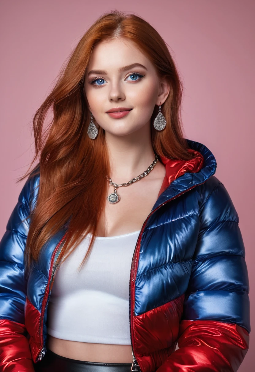 hyperrealistic beautiful busty 18-year-old women in red longsleeve croptop with shiny metallic puffer-jacket and leather leggins, model shooting full body photography, natural redhead very long straight hair, dark eye makeup with eyeliner, seductive smile, small necklace and earrings, 8K, best quality, Meisterwerk, ultra high resolution, (Realismus: 1.4), Originalfoto, (realistische Hautstruktur: 1.3), (Filmkorn: 1.3), (Selfie-Winkel), 1 girl, Beautiful round blue eyes and facial details, Meisterwerk, best quality