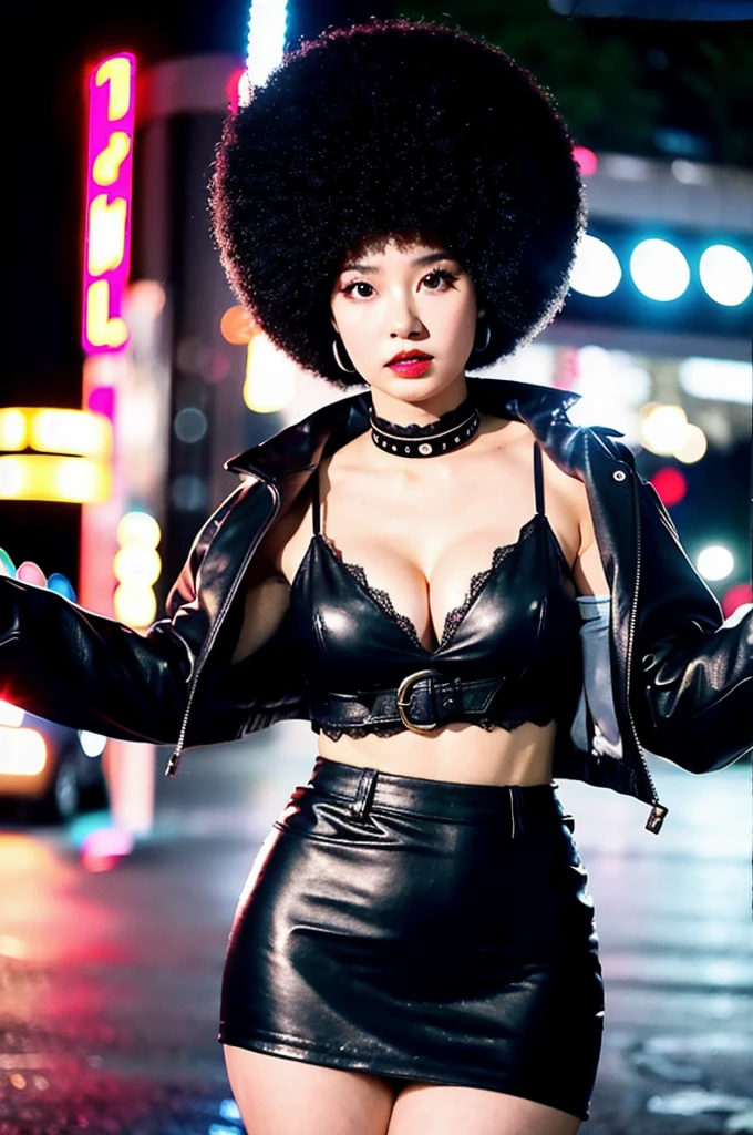 (Cinematic Aesthetic:1.4) Photo of a beautiful korean fashion model bokeh city night with round disco afro wig, bra, super mini skirt,big bust, Clevage, opened black leather jacket, make up, exposed stomach, sexy look, choker