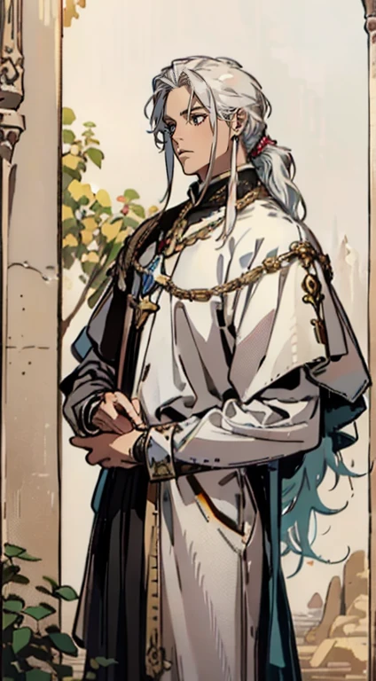 realistic, (masterpiece, top quality, Best quality, official art,) very detailed, The most detailed, (1 boy:1.3), long white hair, Golden Pupil, mysterious, Beautiful man,priest,((medieval fantasy style)), Fancy Clothing, complex parts, 1 man, Beautiful, Tall muscular guy, low ponytail