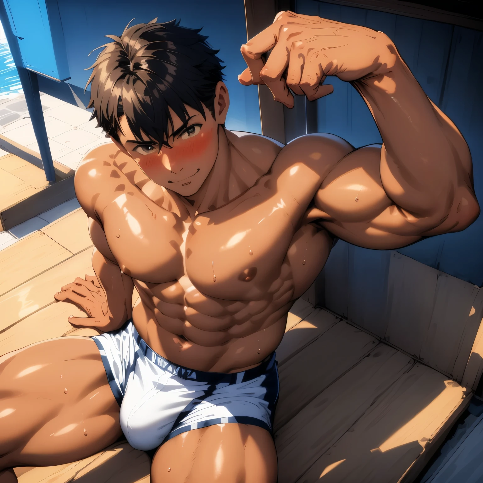 Anime characters sitting on benches，Raise your arms, muscular!!, muscular!, Cool anime poses, muscular!!!, muscular的姿势, super awesome and cool, The strongest posture, muscular! White, muscular build, muscular!! Science Fiction, muscular, a muscular, muscular character, Muscle bulge, Anime handsome man, muscular body, Showing off his muscles