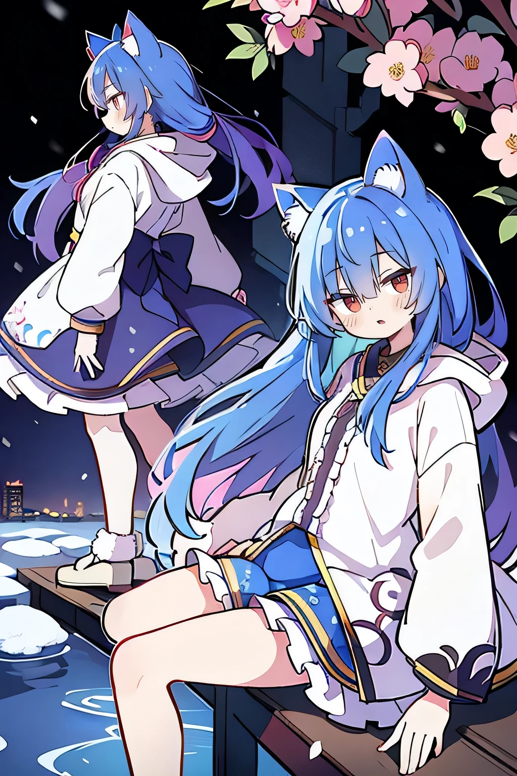 （masterpiece：1.2），Super detailed，lifelike，Expressive eyes，fair skin，perfect face shape，1 girl，
Japanese comics,Gorgeous blue hair,flowing blue hair,flowing clothes,Cat ears,Petals fall,beautiful lola,Baby Angel,
Shaking head with one hand，Cross your legs，Gentle and peaceful background，The pavilion is cool and comfortable,smile, wearing hoodie, background of tokyo,back views.snowing, winter.